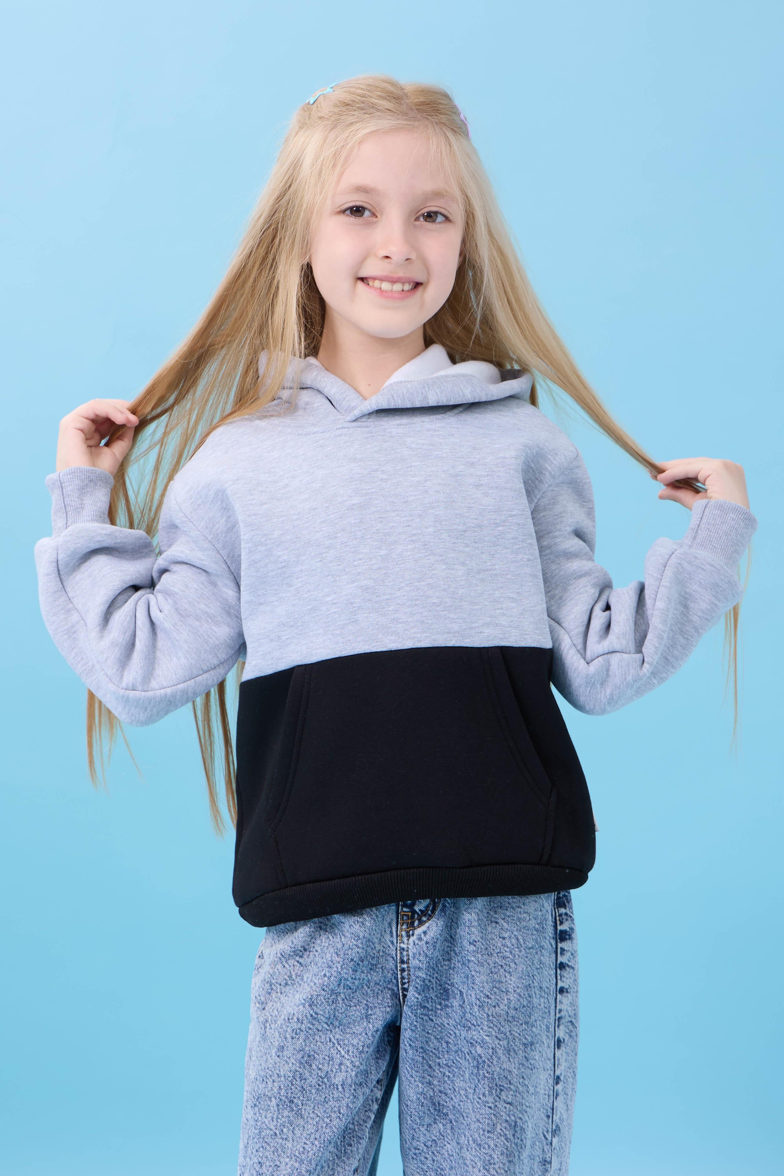 Unisex Kapüşonlu Kanguru Cepli Renk Bloklu Şardonlu Kışlık Sweatshirt - Gri/Siyah