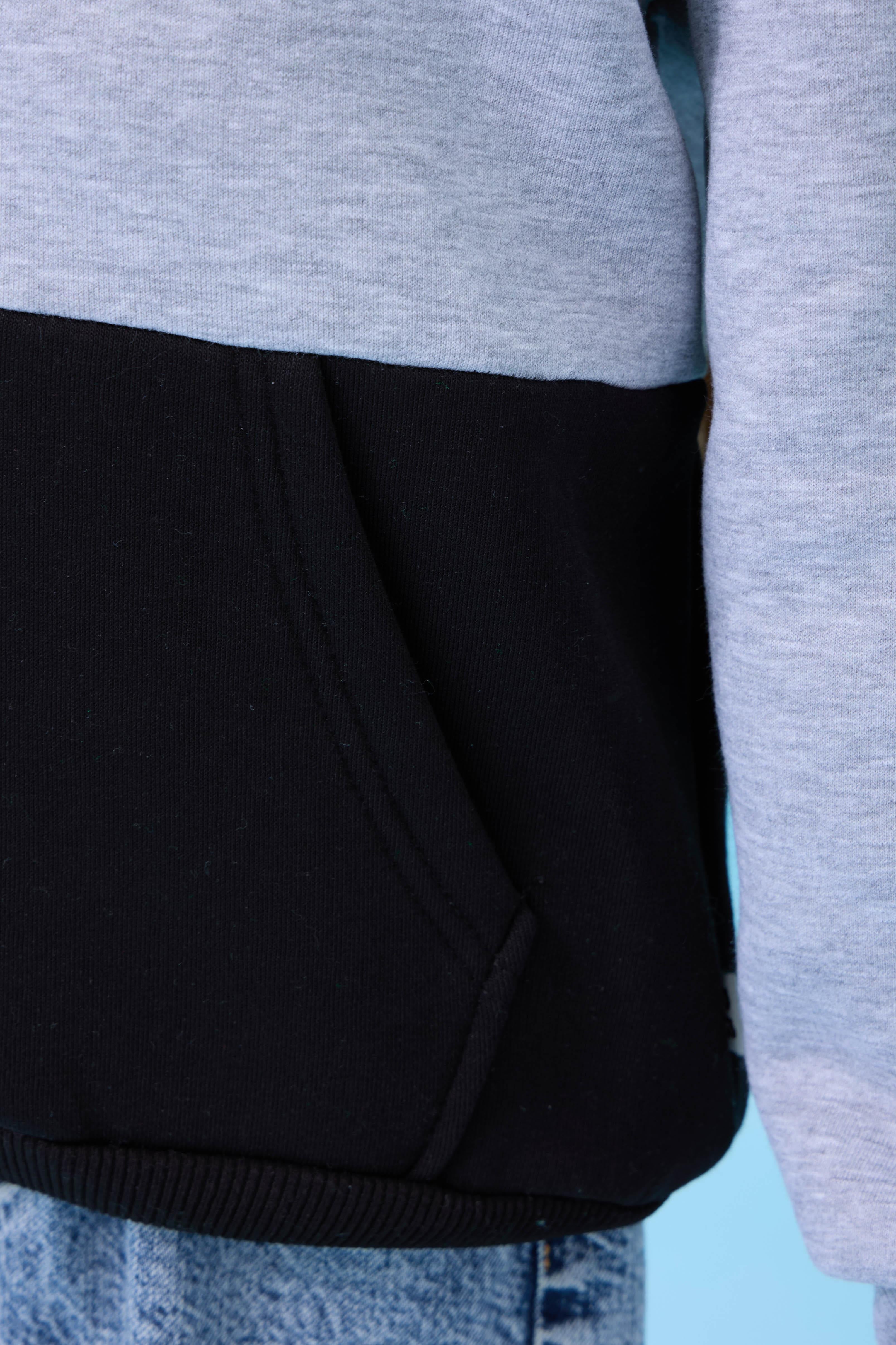 Unisex Kapüşonlu Kanguru Cepli Renk Bloklu Şardonlu Kışlık Sweatshirt - Gri/Siyah