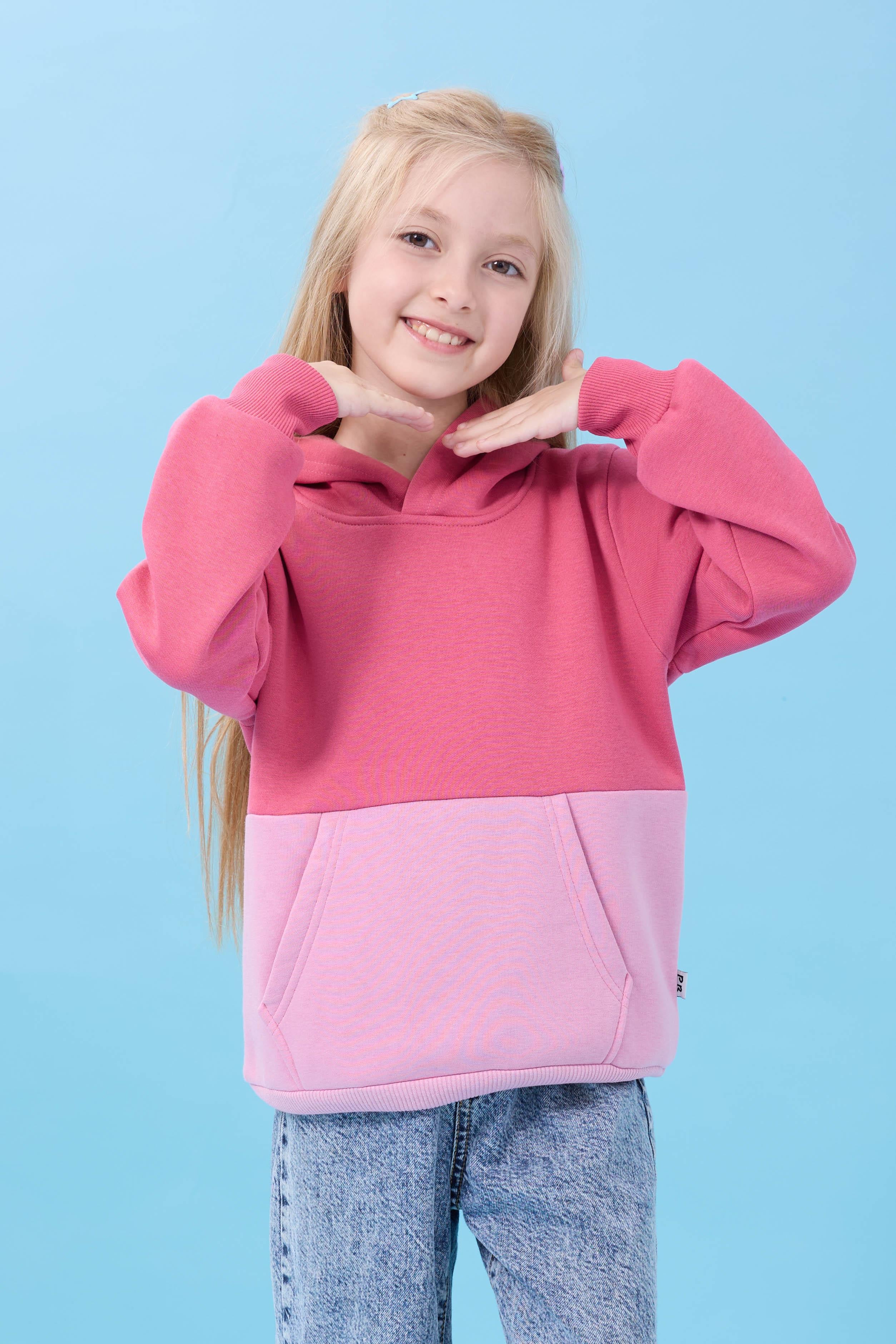 Unisex Kapüşonlu Kanguru Cepli Renk Bloklu Şardonlu Kışlık Sweatshirt - Gül Kurusu/Açık Gül