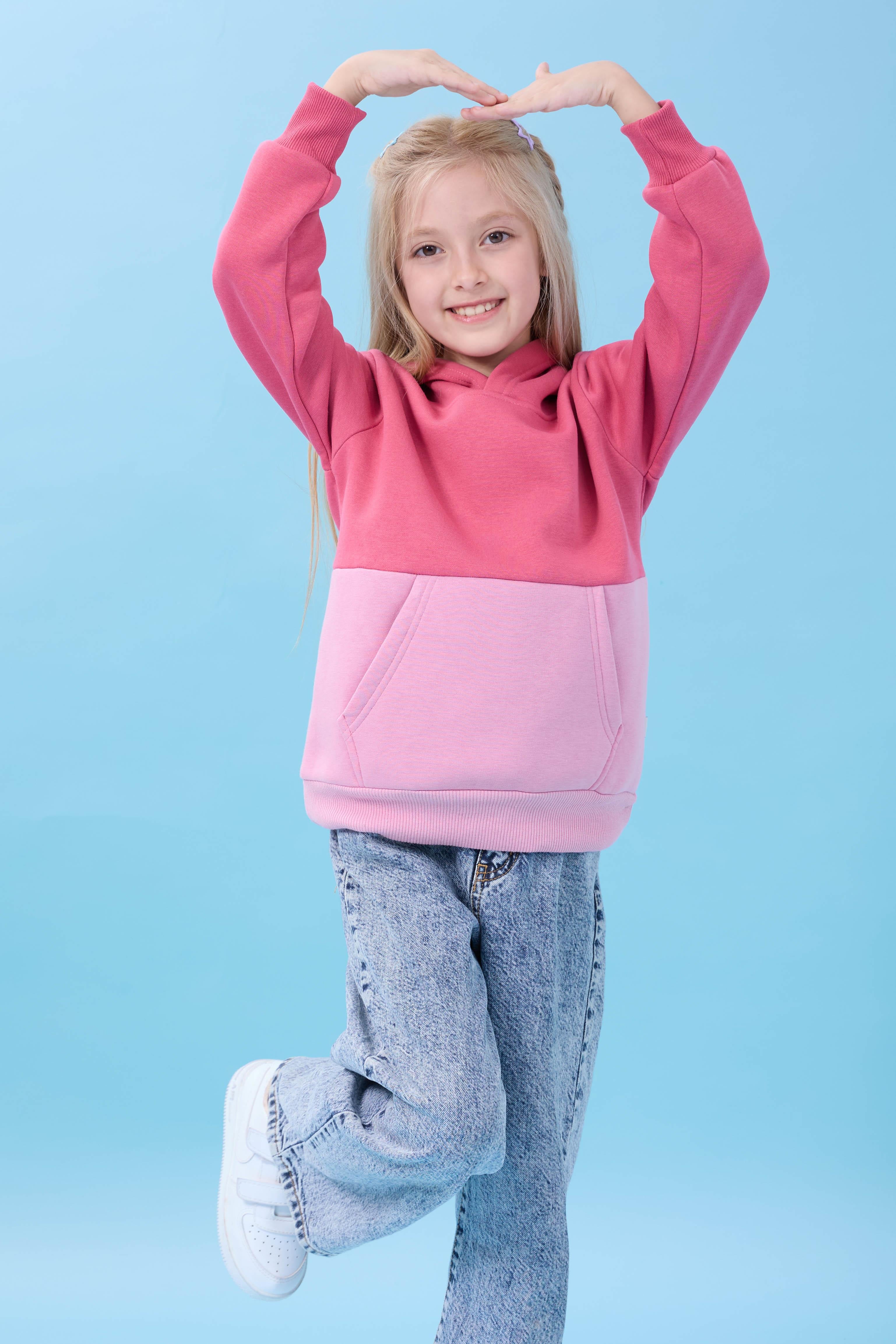Unisex Kapüşonlu Kanguru Cepli Renk Bloklu Şardonlu Kışlık Sweatshirt - Gül Kurusu/Açık Gül
