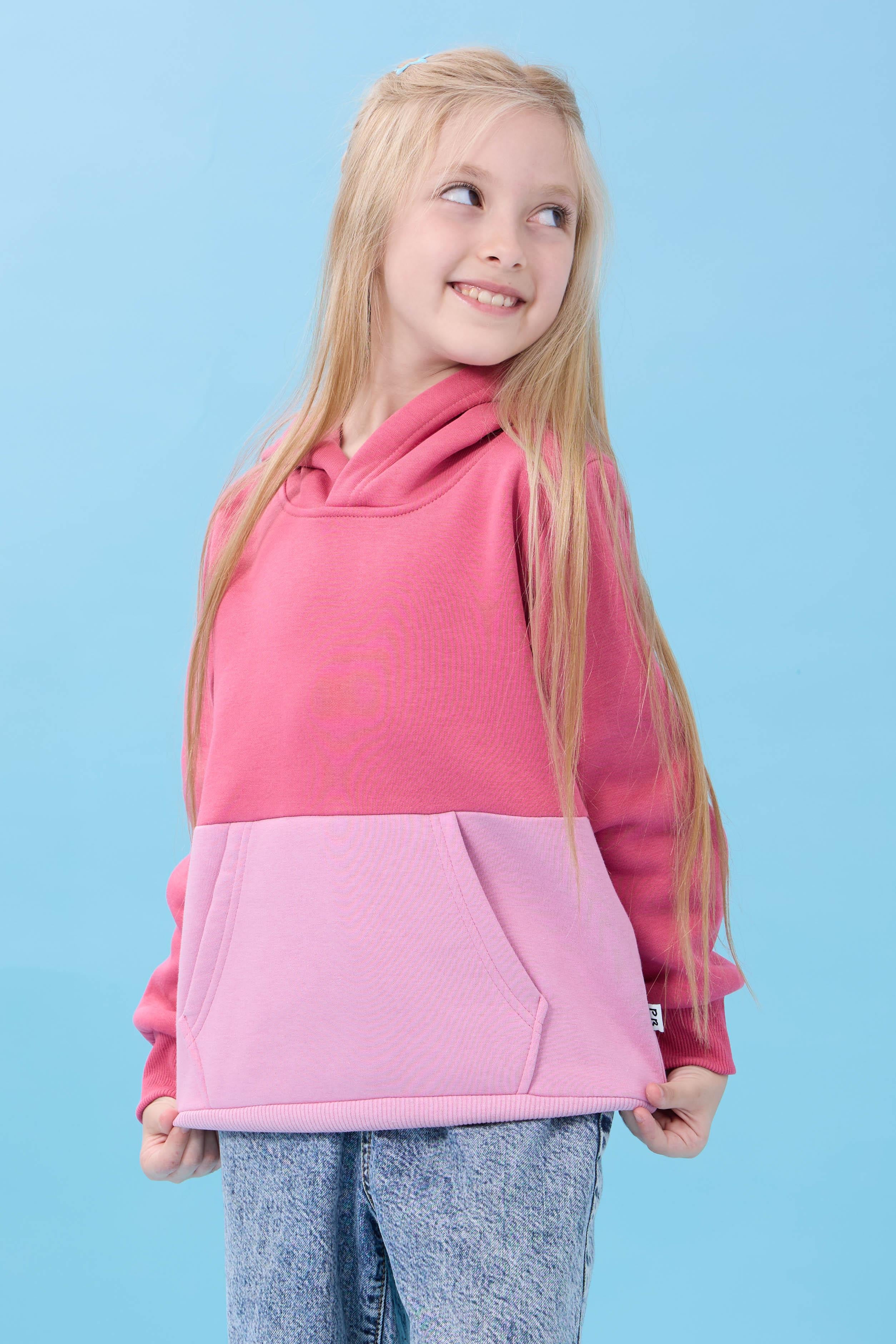 Unisex Kapüşonlu Kanguru Cepli Renk Bloklu Şardonlu Kışlık Sweatshirt - Gül Kurusu/Açık Gül