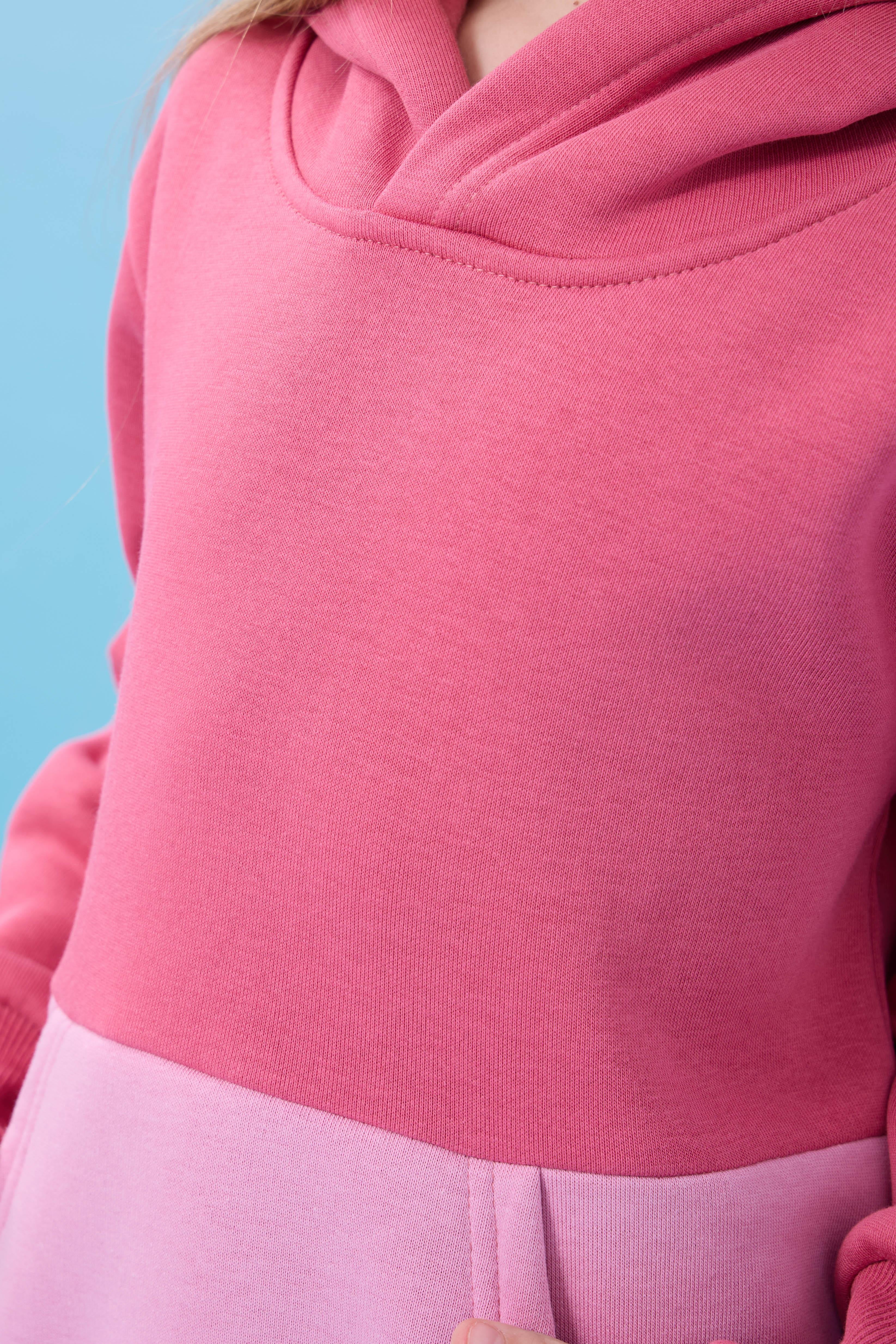 Unisex Kapüşonlu Kanguru Cepli Renk Bloklu Şardonlu Kışlık Sweatshirt - Gül Kurusu/Açık Gül