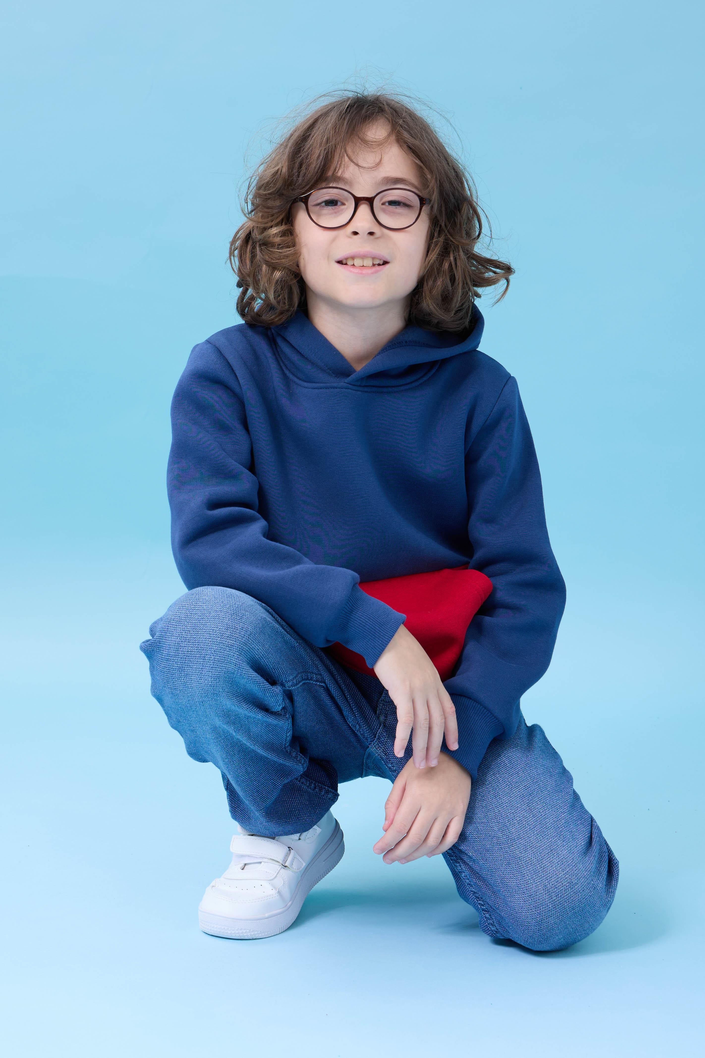 Unisex Kapüşonlu Kanguru Cepli Renk Bloklu Şardonlu Kışlık Sweatshirt - İndigo/Kırmızı
