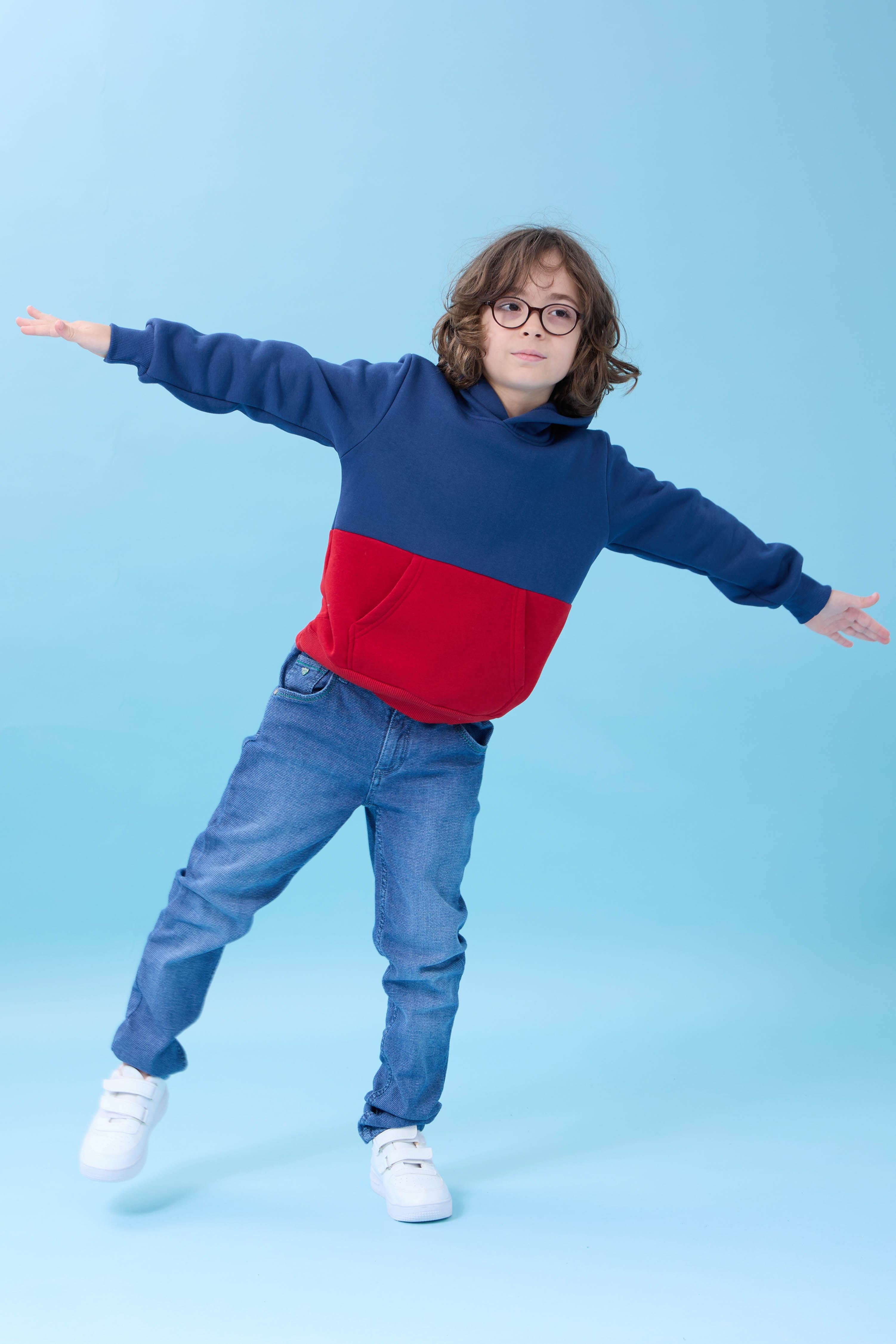 Unisex Kapüşonlu Kanguru Cepli Renk Bloklu Şardonlu Kışlık Sweatshirt - İndigo/Kırmızı