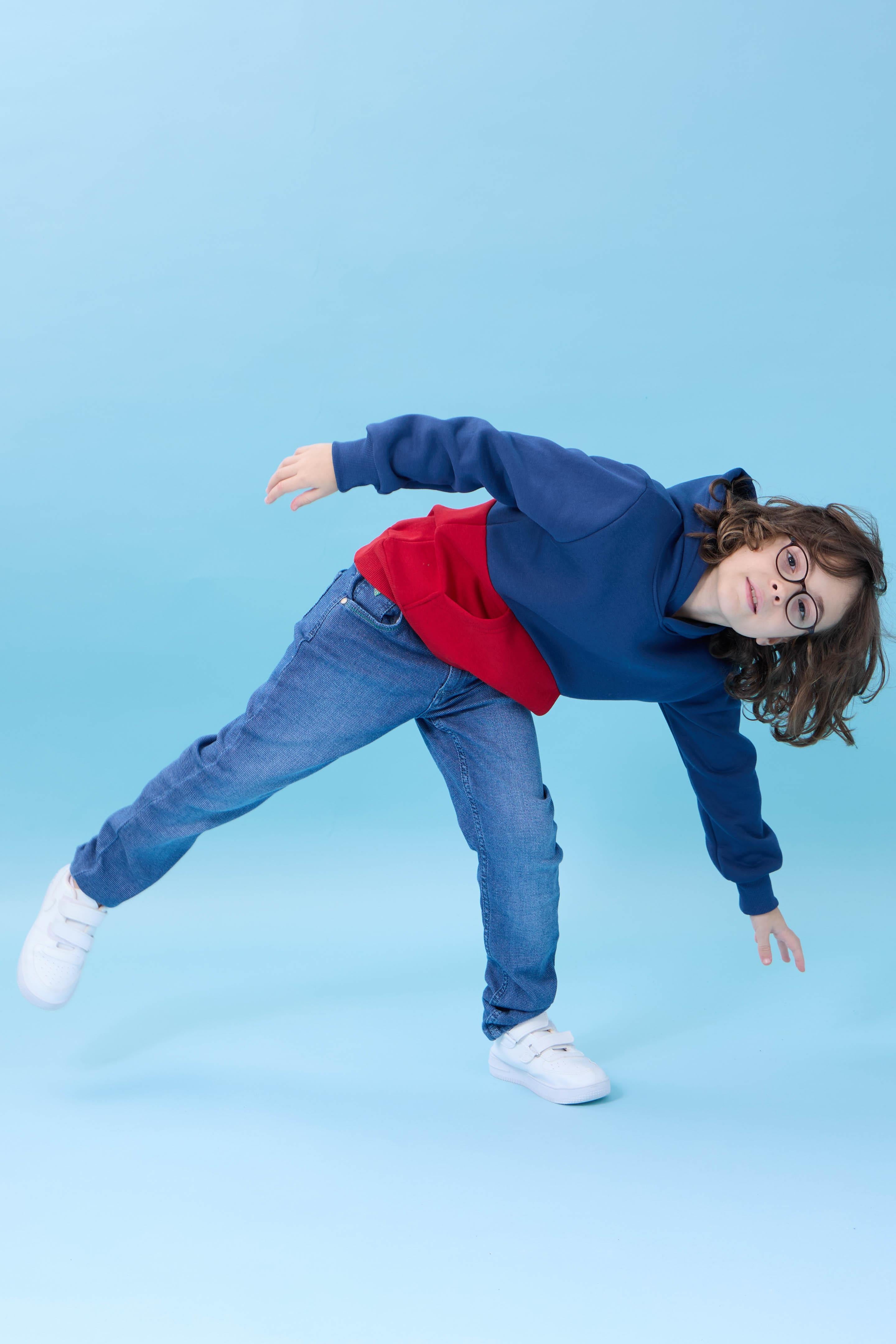 Unisex Kapüşonlu Kanguru Cepli Renk Bloklu Şardonlu Kışlık Sweatshirt - İndigo/Kırmızı
