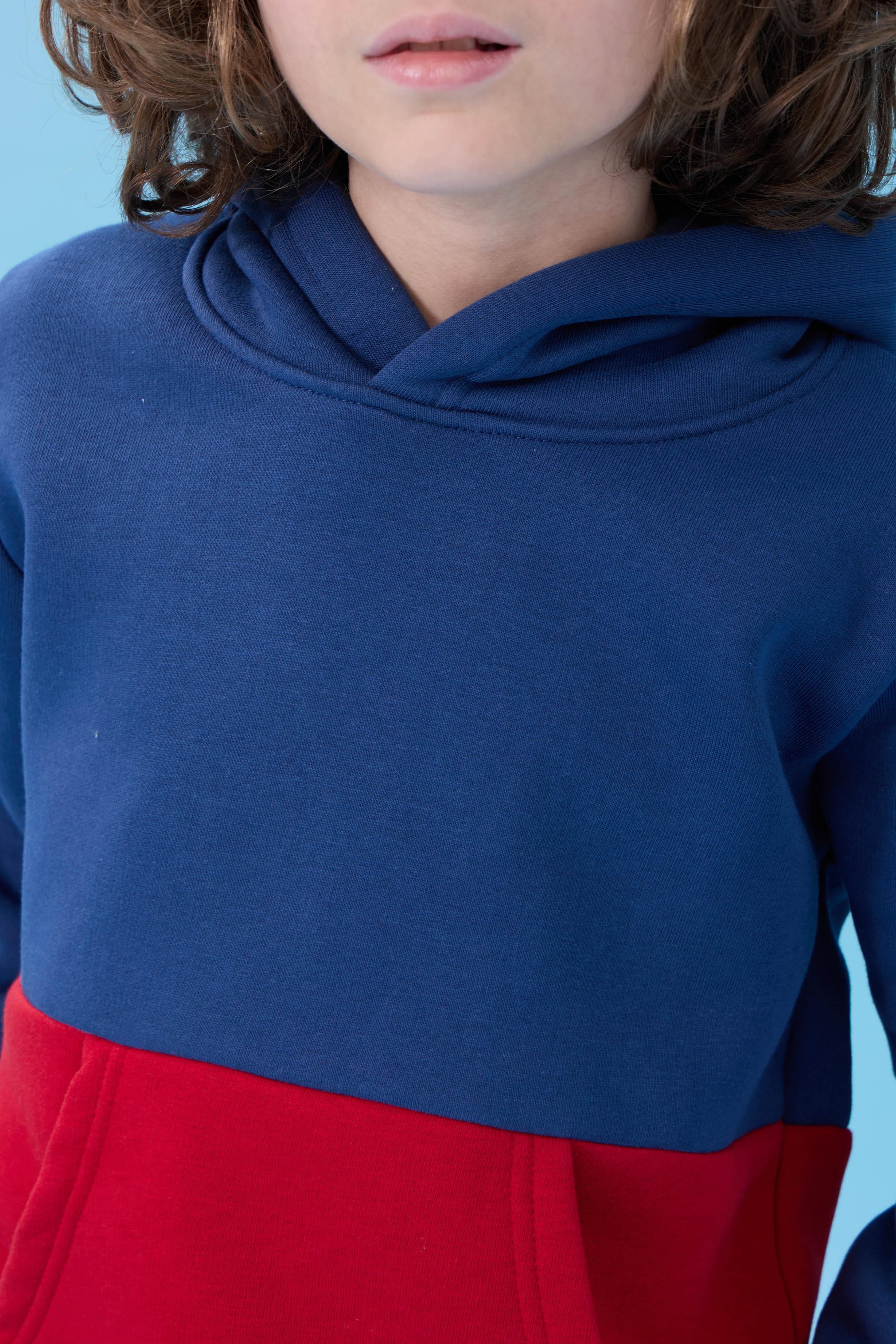 Unisex Kapüşonlu Kanguru Cepli Renk Bloklu Şardonlu Kışlık Sweatshirt - İndigo/Kırmızı