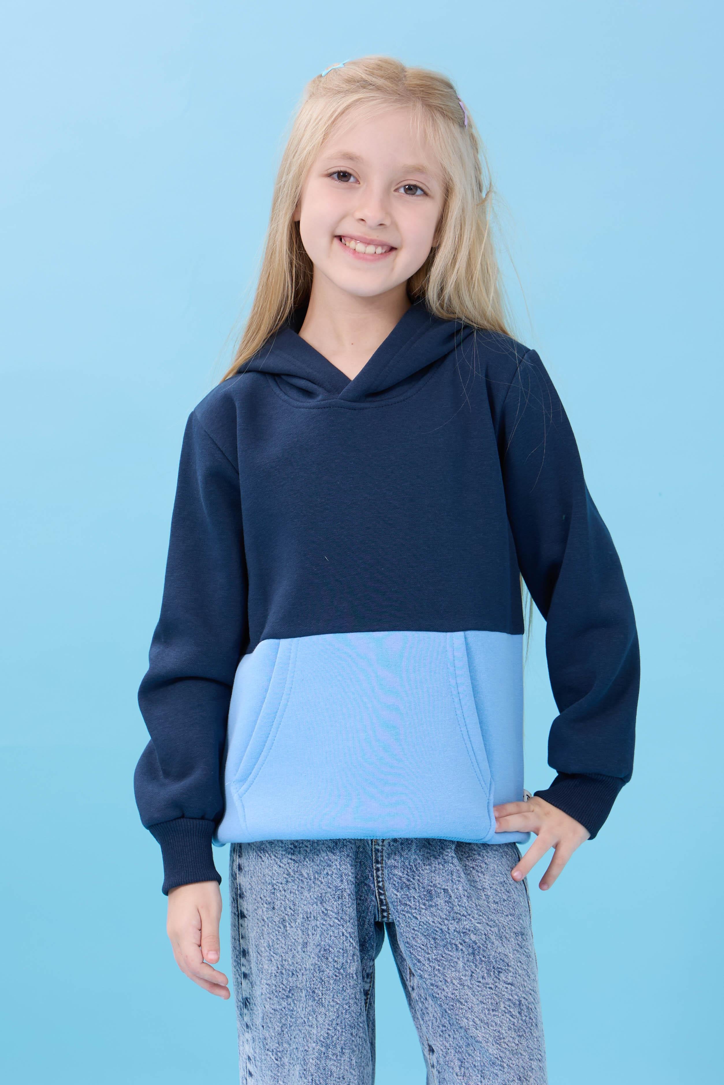 Unisex Kapüşonlu Kanguru Cepli Renk Bloklu Şardonlu Kışlık Sweatshirt - Lacivert/Bebek Mavisi