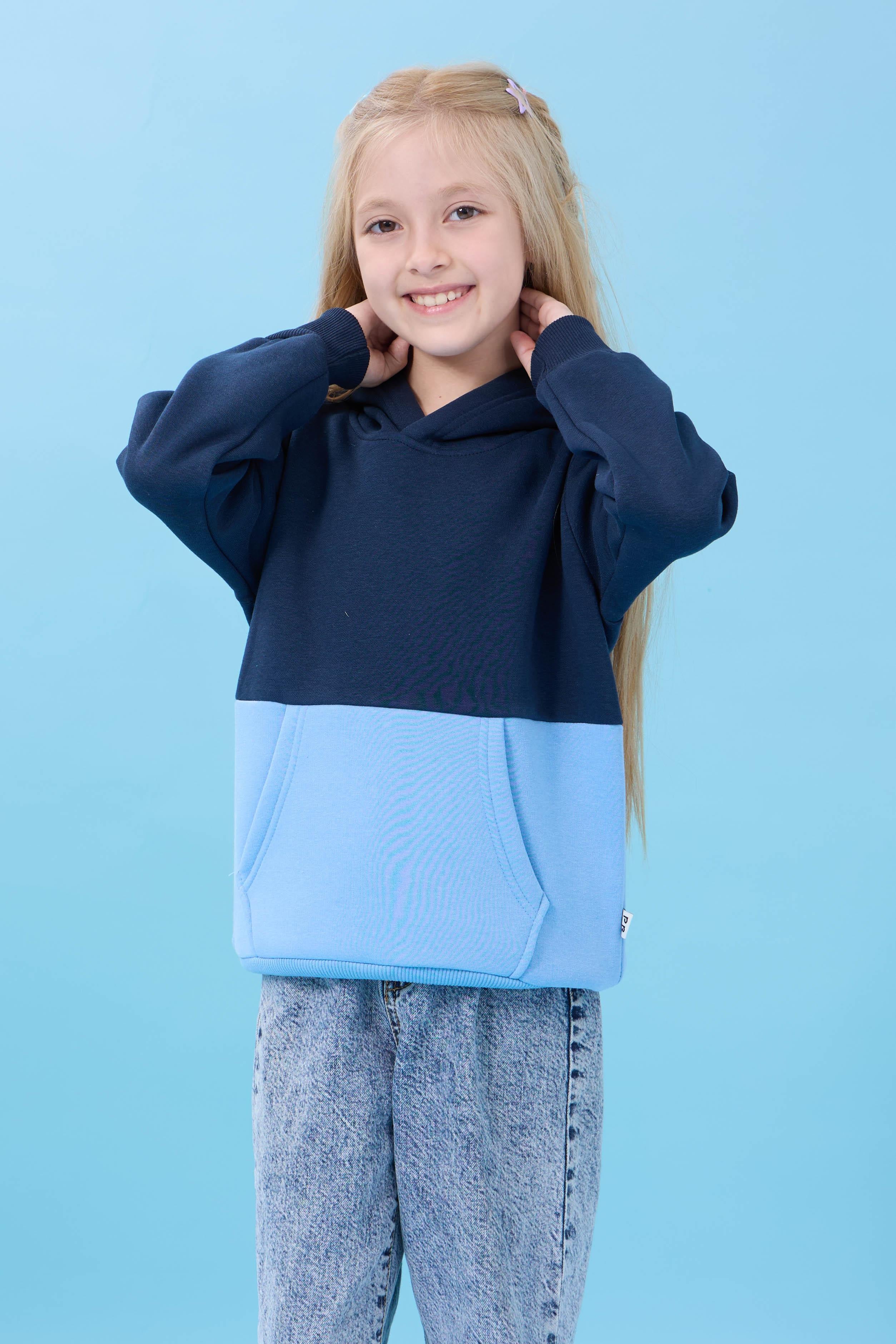 Unisex Kapüşonlu Kanguru Cepli Renk Bloklu Şardonlu Kışlık Sweatshirt - Lacivert/Bebek Mavisi