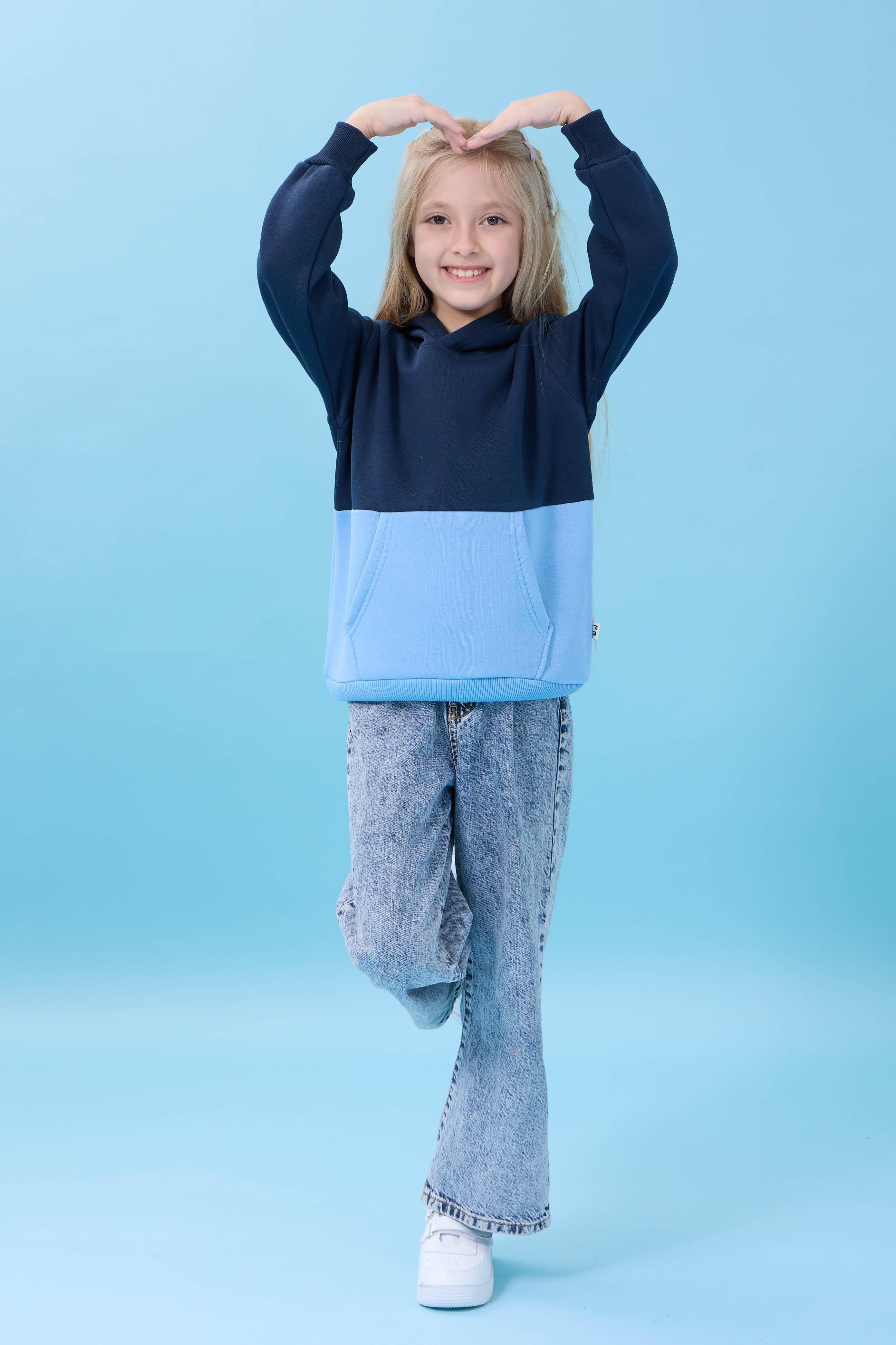 Unisex Kapüşonlu Kanguru Cepli Renk Bloklu Şardonlu Kışlık Sweatshirt - Lacivert/Bebek Mavisi