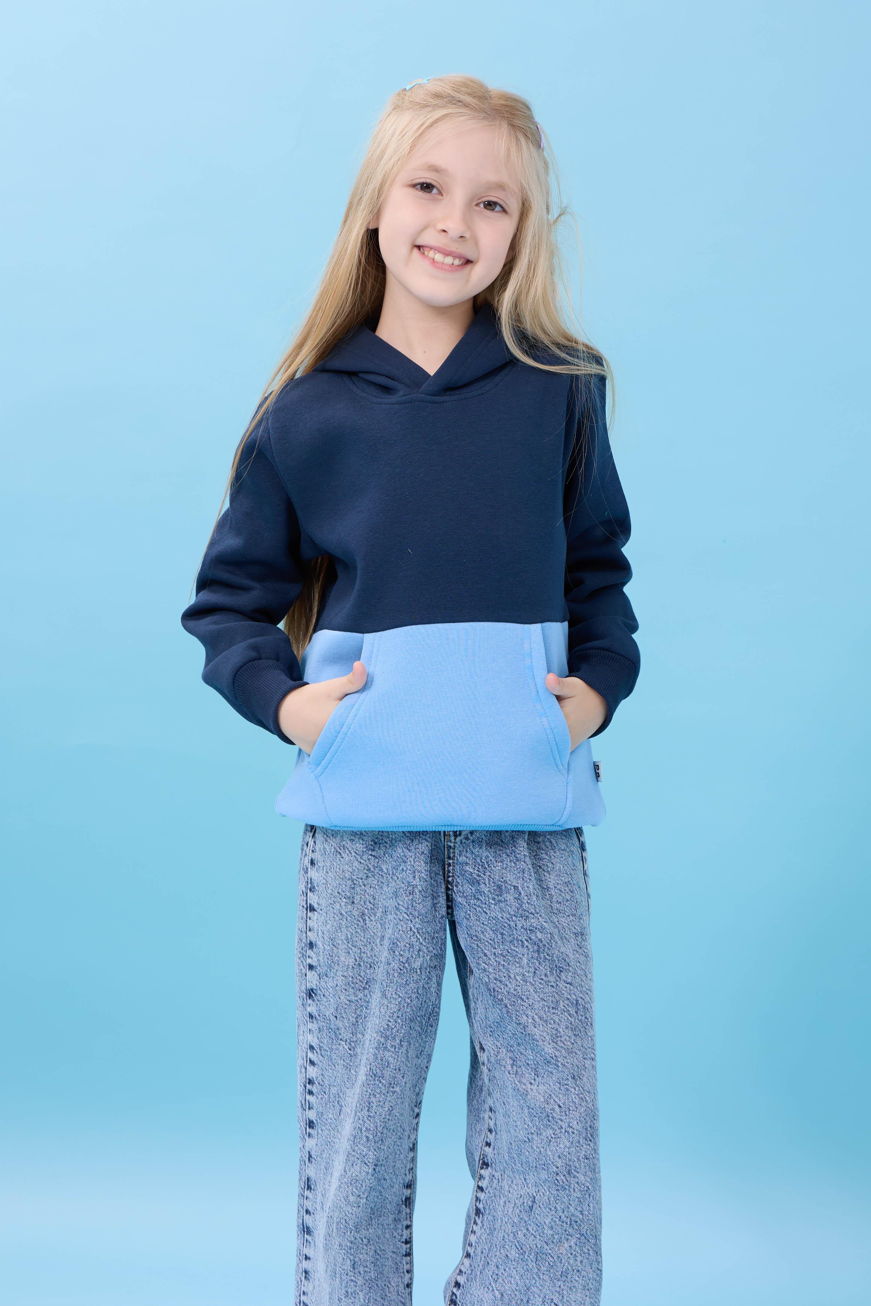 Unisex Kapüşonlu Kanguru Cepli Renk Bloklu Şardonlu Kışlık Sweatshirt - Lacivert/Bebek Mavisi