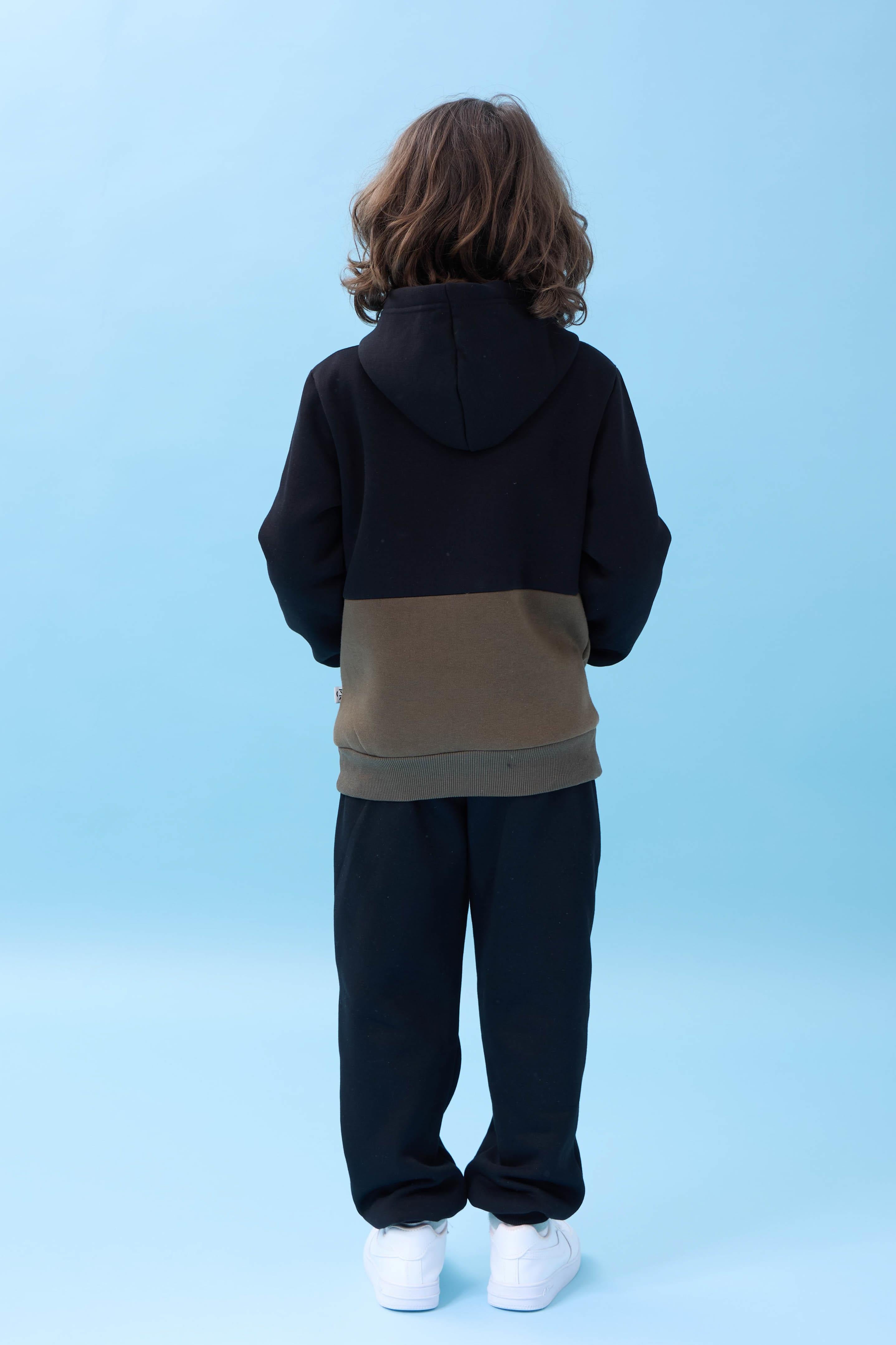Unisex Kapüşonlu Kanguru Cepli Renk Bloklu Şardonlu Kışlık Sweatshirt - Siyah/Haki
