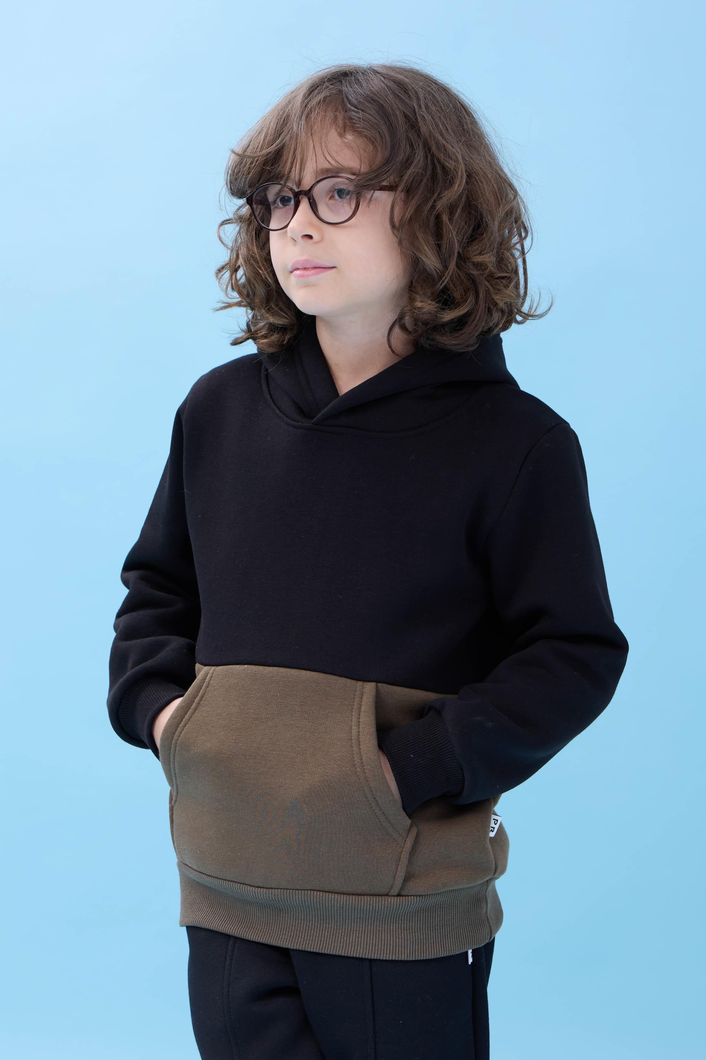 Unisex Kapüşonlu Kanguru Cepli Renk Bloklu Şardonlu Kışlık Sweatshirt - Siyah/Haki