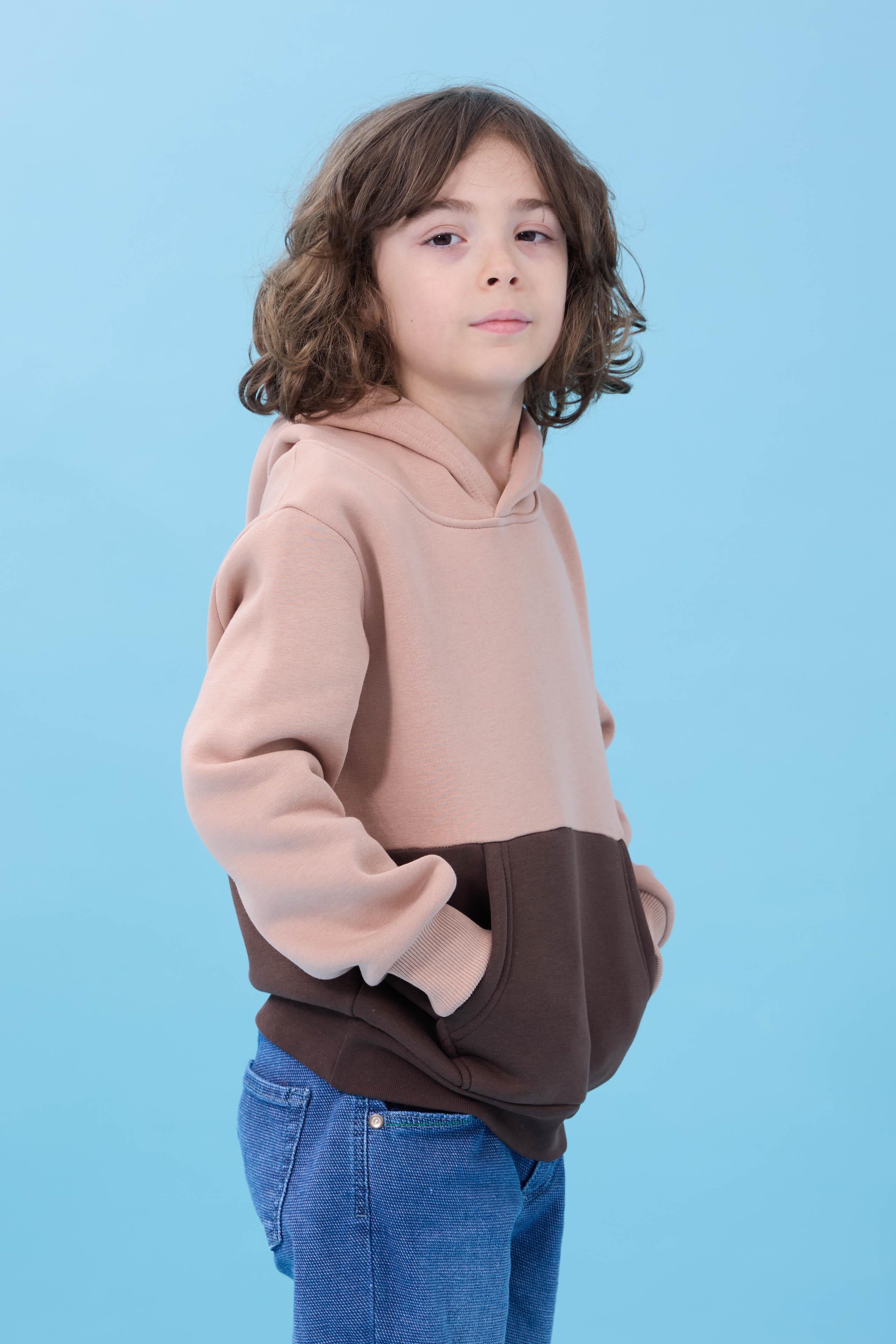 Unisex Kapüşonlu Kanguru Cepli Renk Bloklu Şardonlu Kışlık Sweatshirt - Toprak/Çikolata