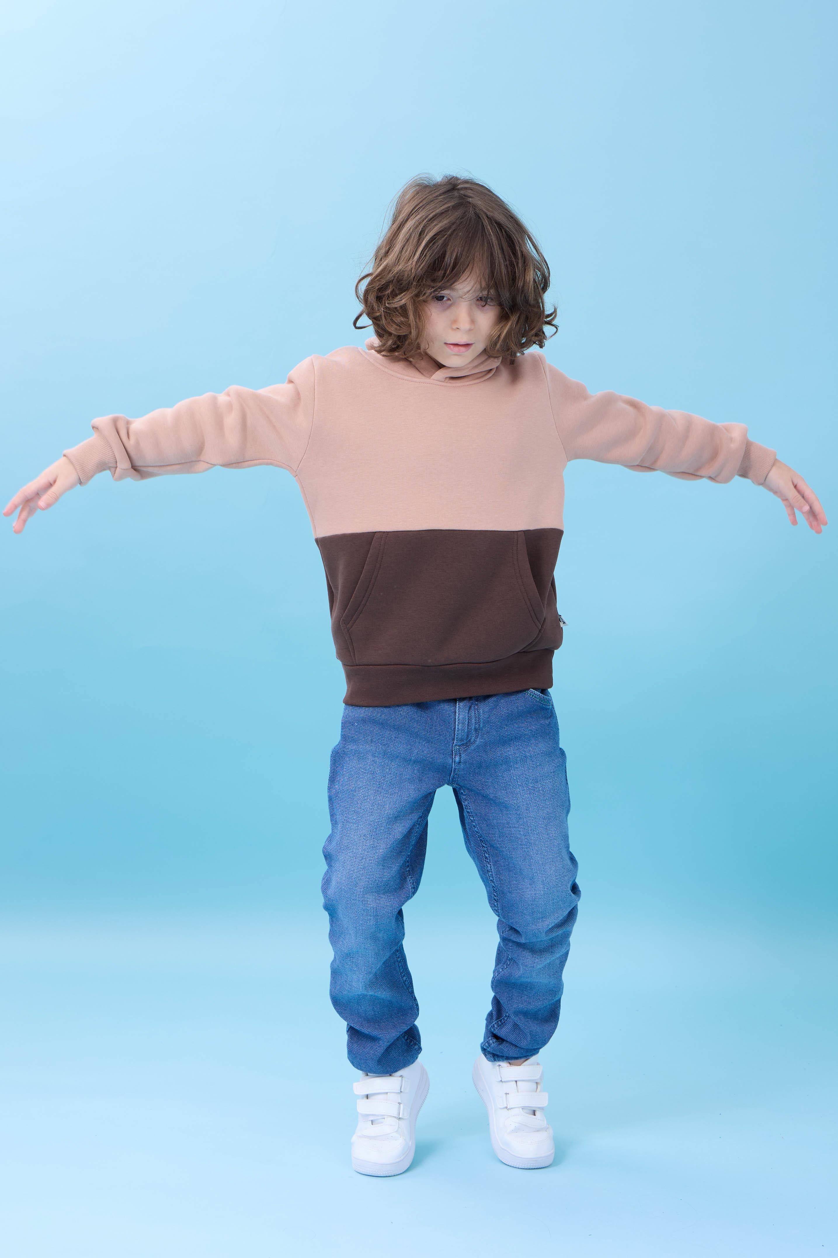 Unisex Kapüşonlu Kanguru Cepli Renk Bloklu Şardonlu Kışlık Sweatshirt - Toprak/Çikolata