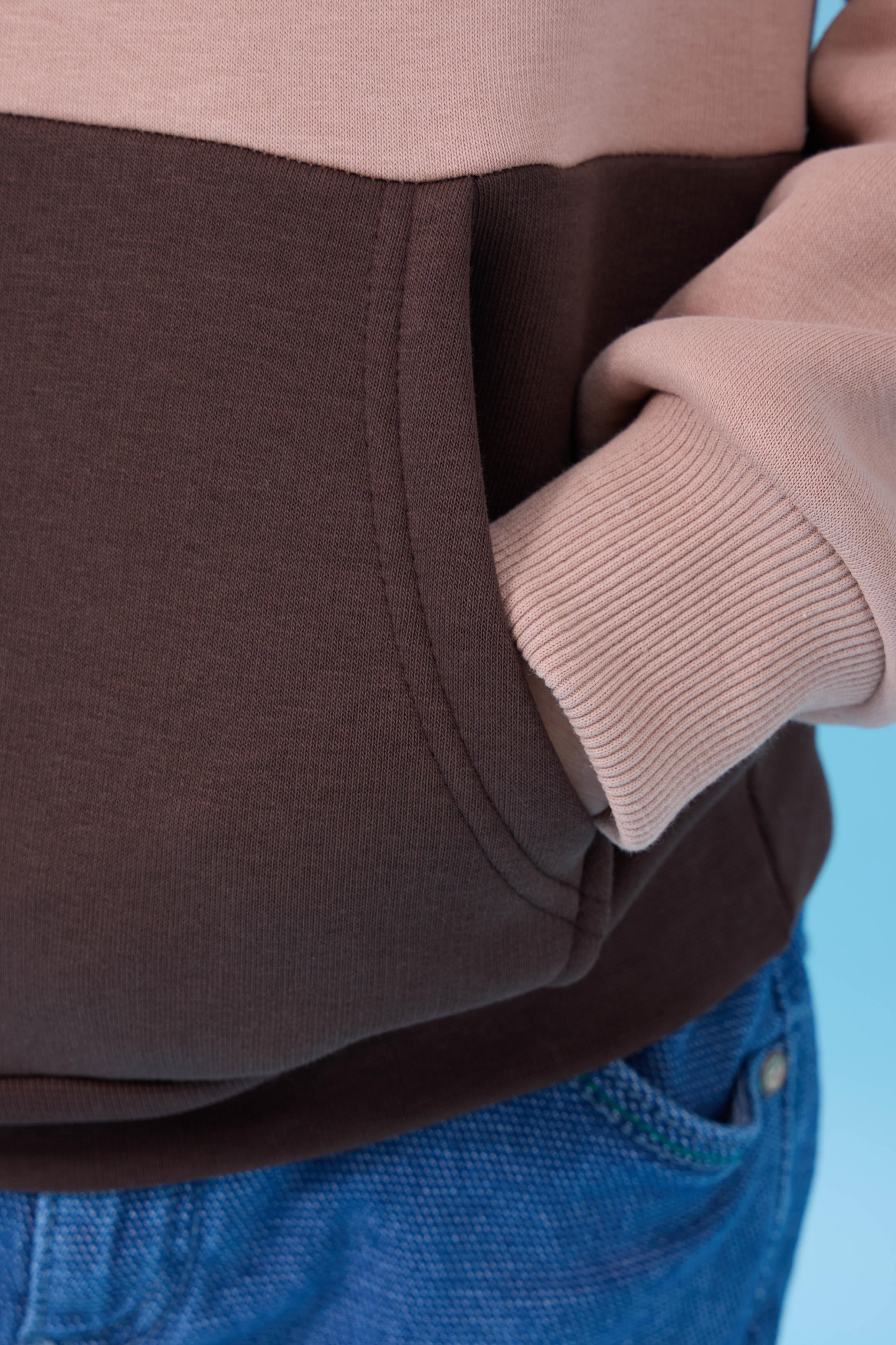 Unisex Kapüşonlu Kanguru Cepli Renk Bloklu Şardonlu Kışlık Sweatshirt - Toprak/Çikolata