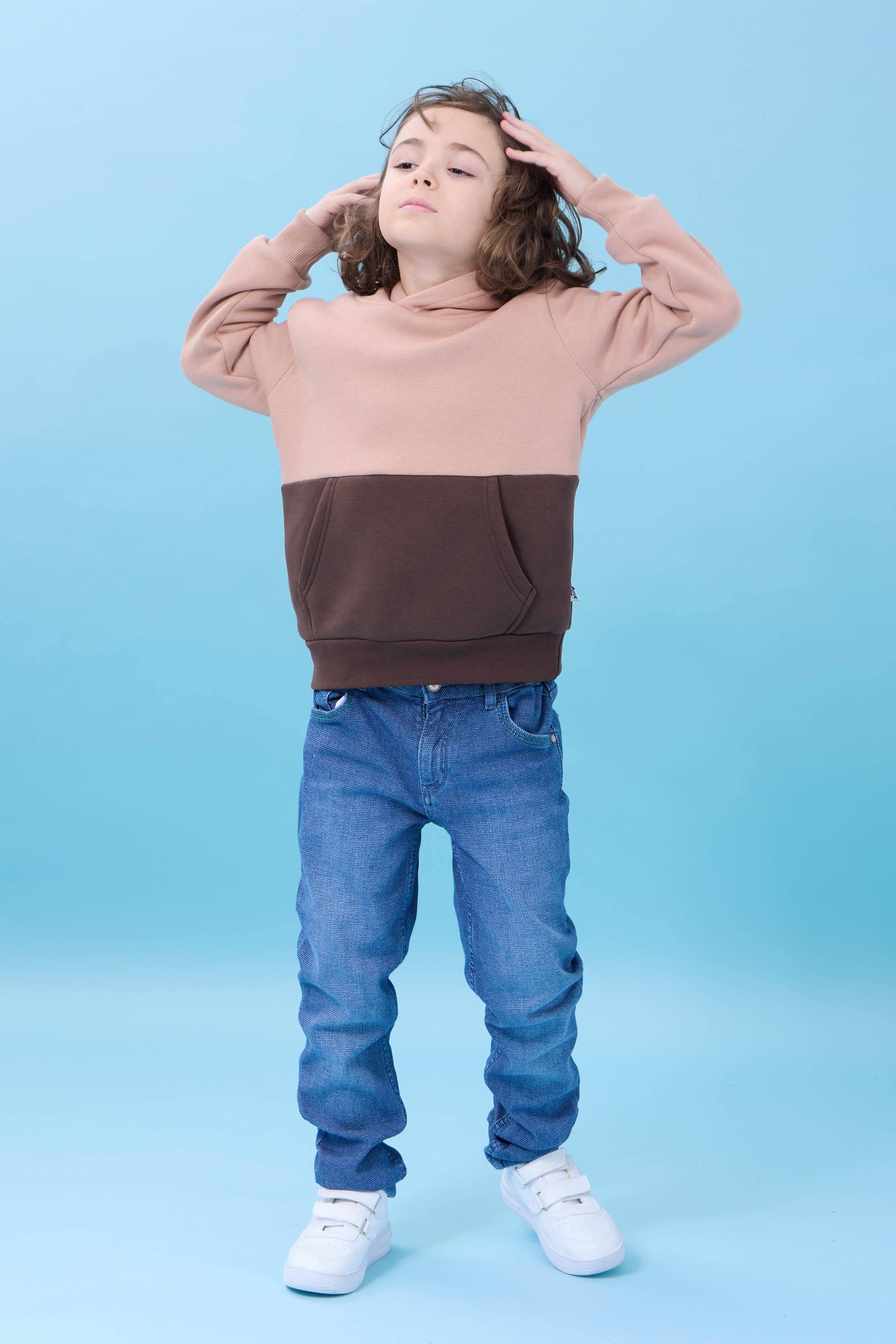 Unisex Kapüşonlu Kanguru Cepli Renk Bloklu Şardonlu Kışlık Sweatshirt - Toprak/Çikolata