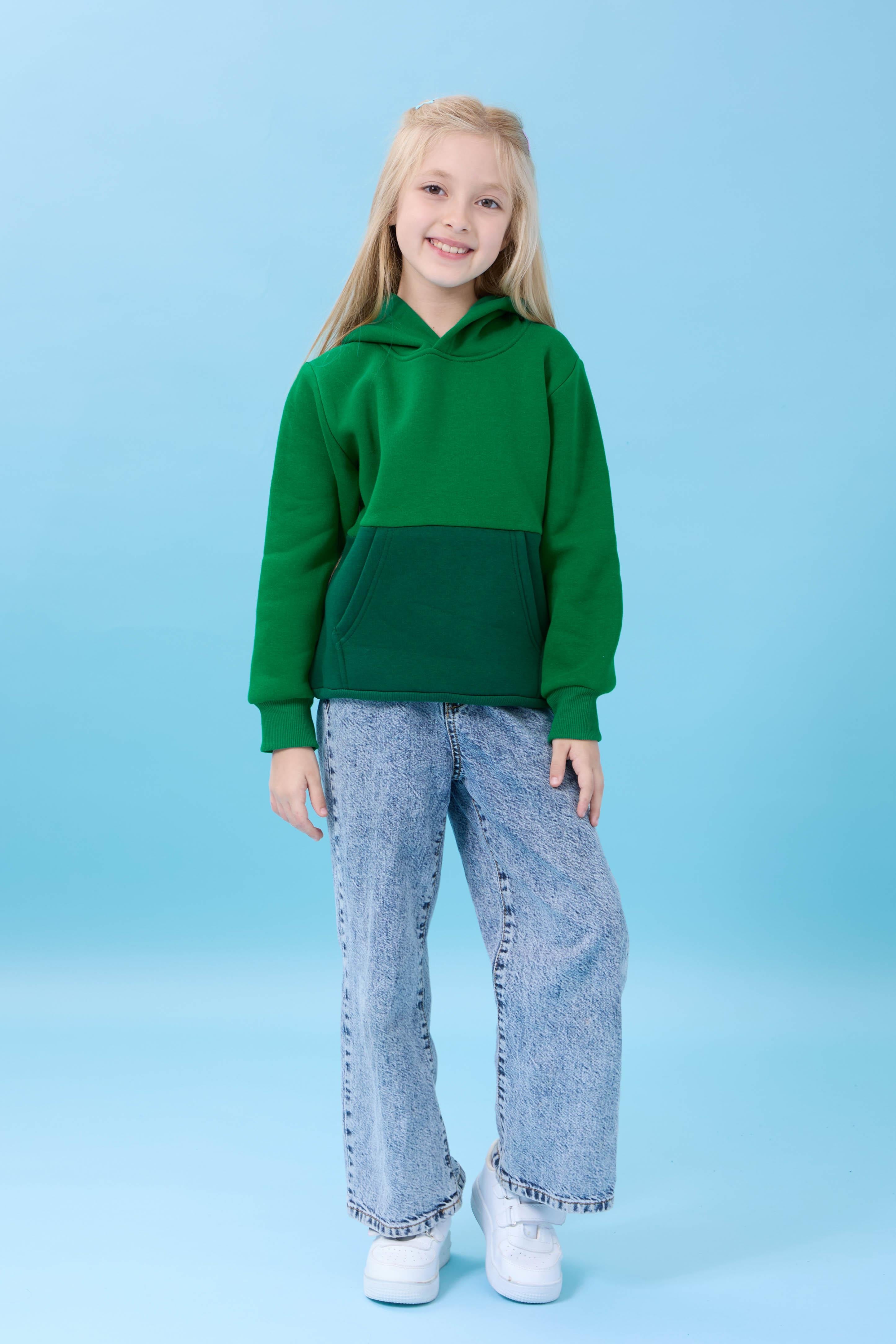 Unisex Kapüşonlu Kanguru Cepli Renk Bloklu Şardonlu Kışlık Sweatshirt - Yeşil/ÇimenYeşili