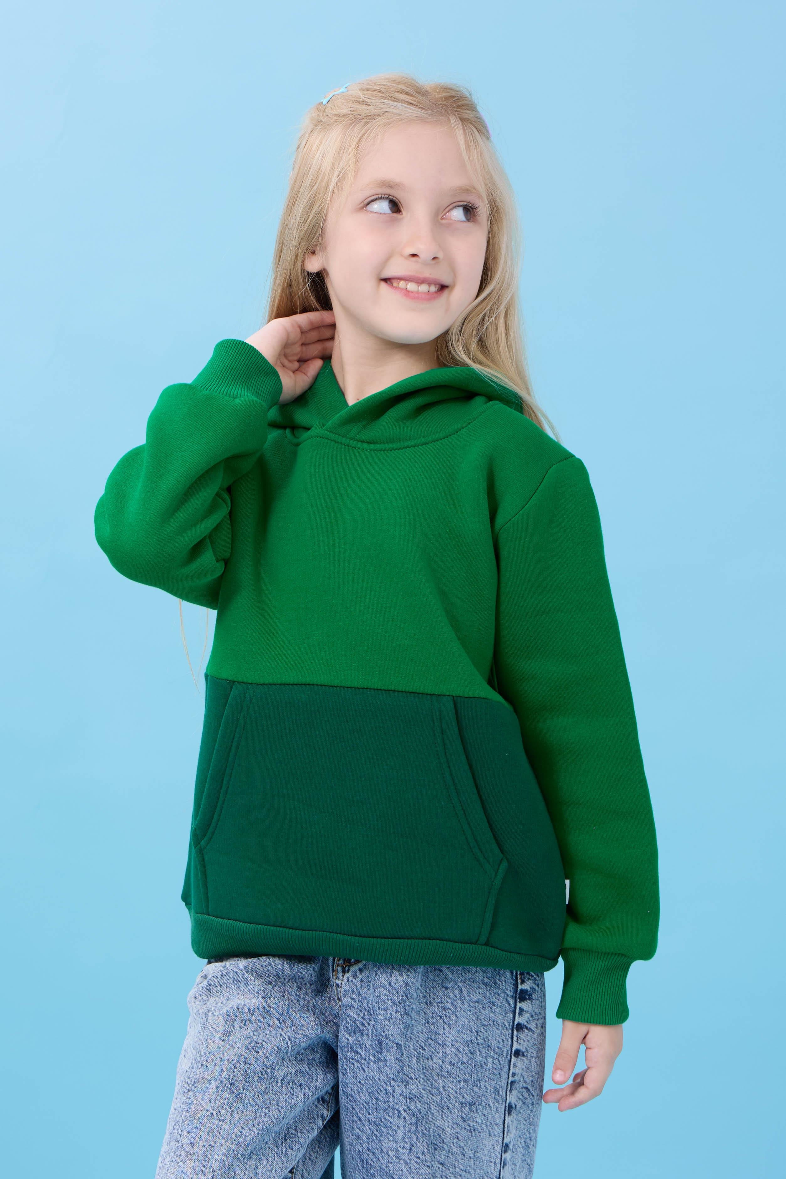 Unisex Kapüşonlu Kanguru Cepli Renk Bloklu Şardonlu Kışlık Sweatshirt - Yeşil/ÇimenYeşili