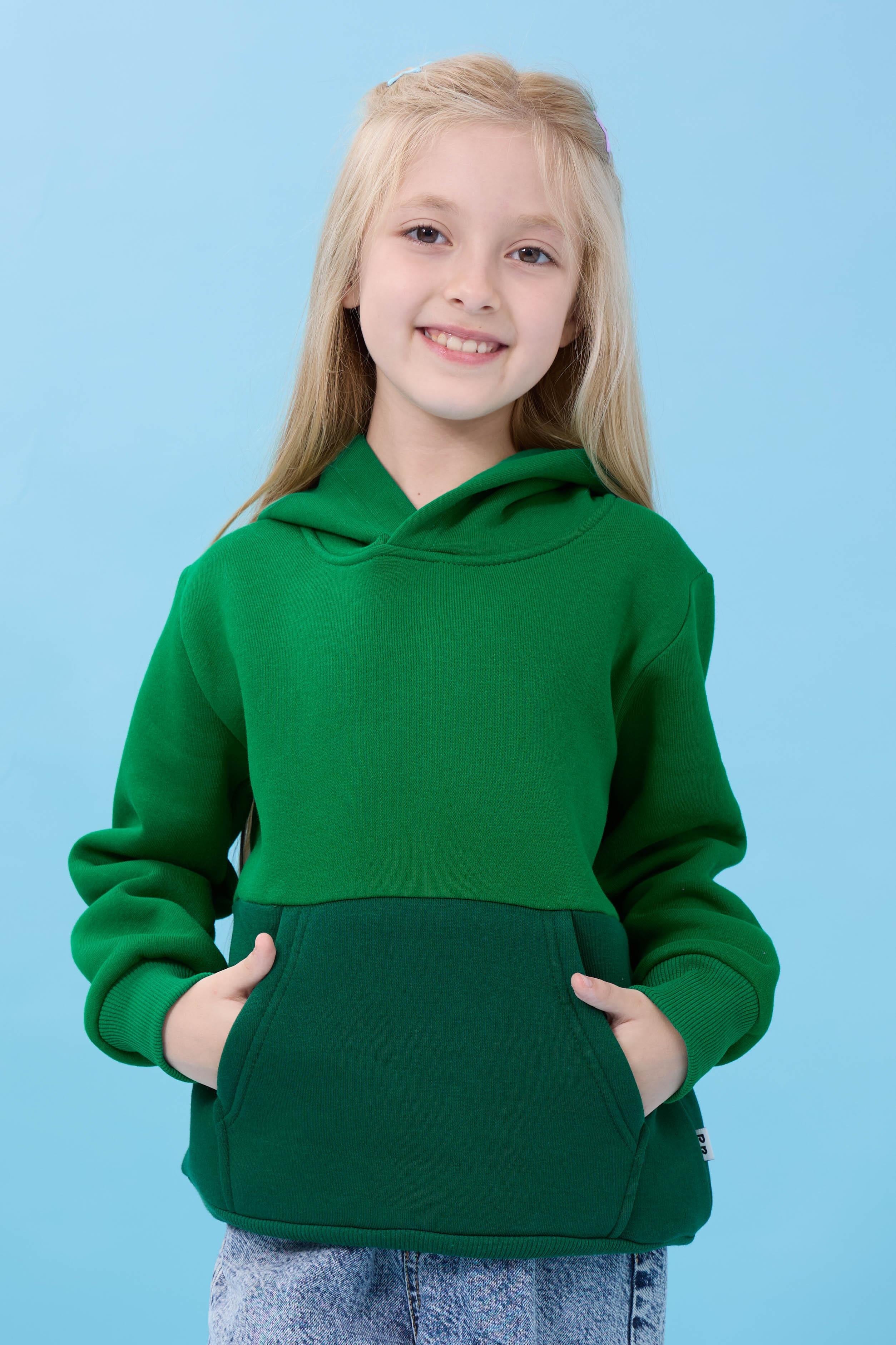 Unisex Kapüşonlu Kanguru Cepli Renk Bloklu Şardonlu Kışlık Sweatshirt - Yeşil/ÇimenYeşili