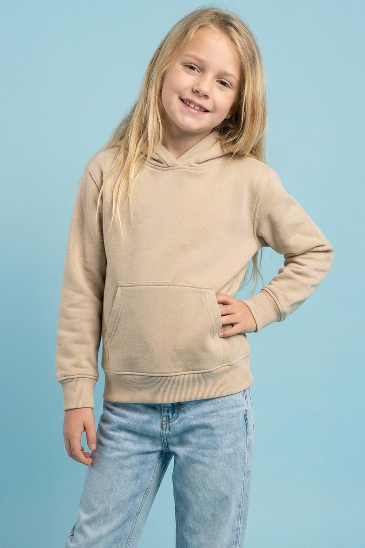 Unisex Kapüşonlu Kanguru Cepli Şardonlu Kışlık Sweatshirt - Bej