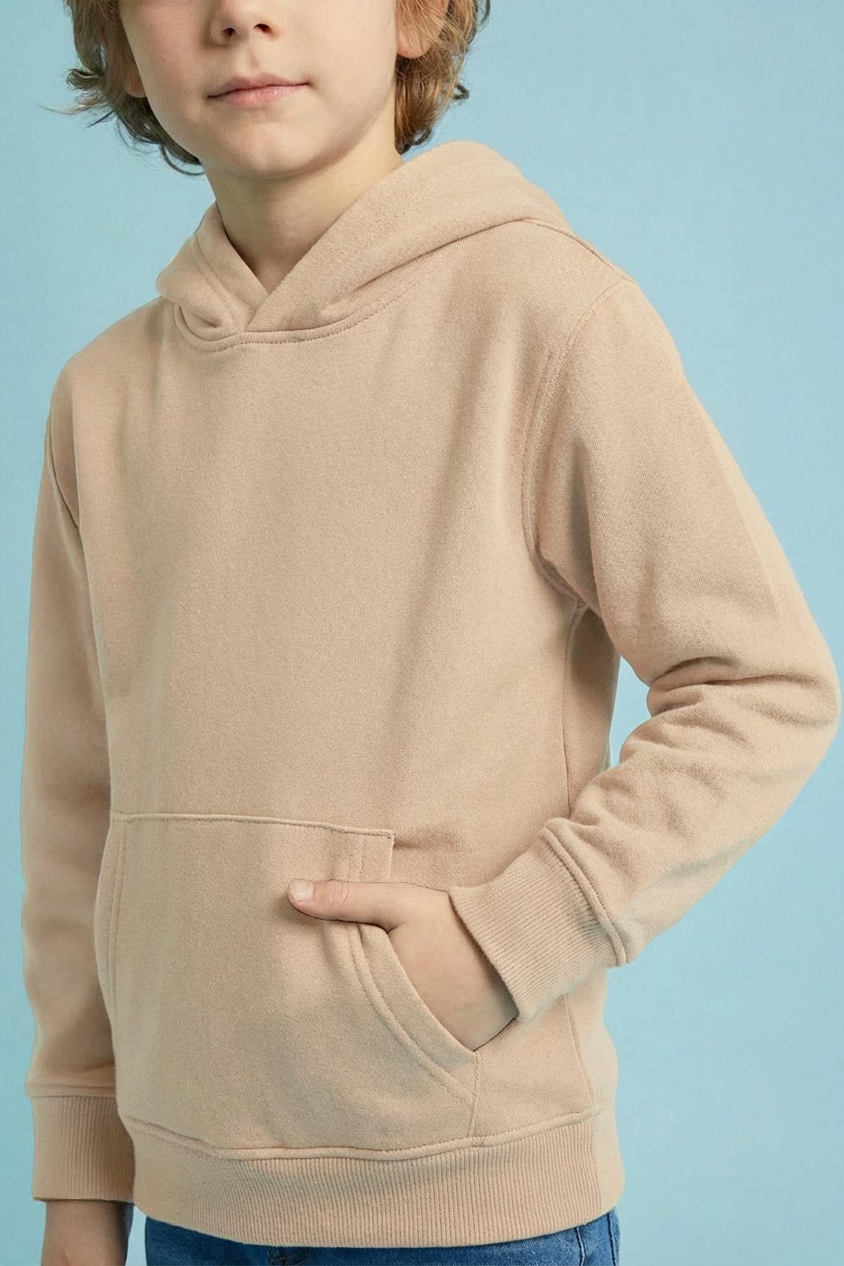 Unisex Kapüşonlu Kanguru Cepli Şardonlu Kışlık Sweatshirt - Bej