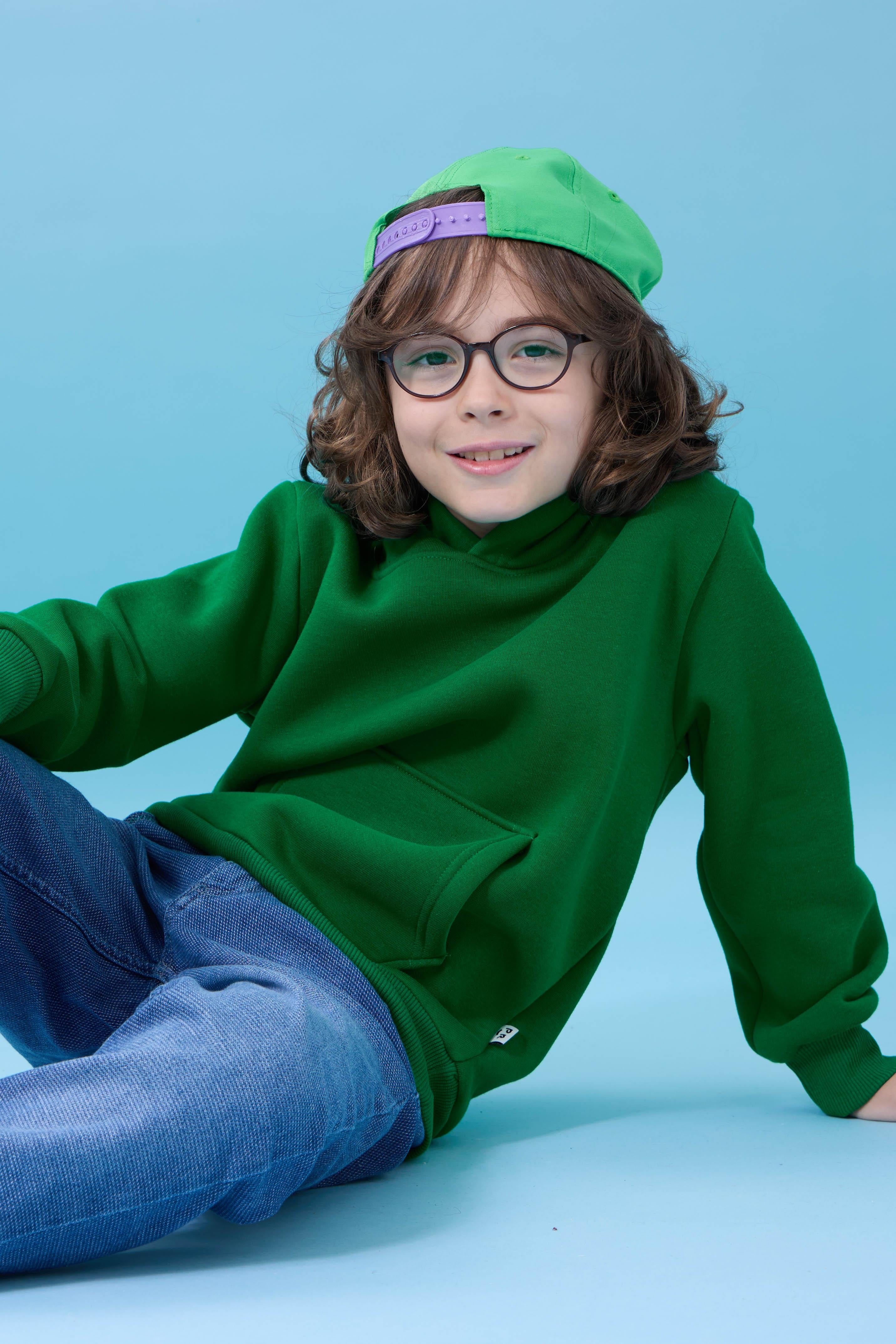 Unisex Kapüşonlu Kanguru Cepli Şardonlu Kışlık Sweatshirt - Yeşil