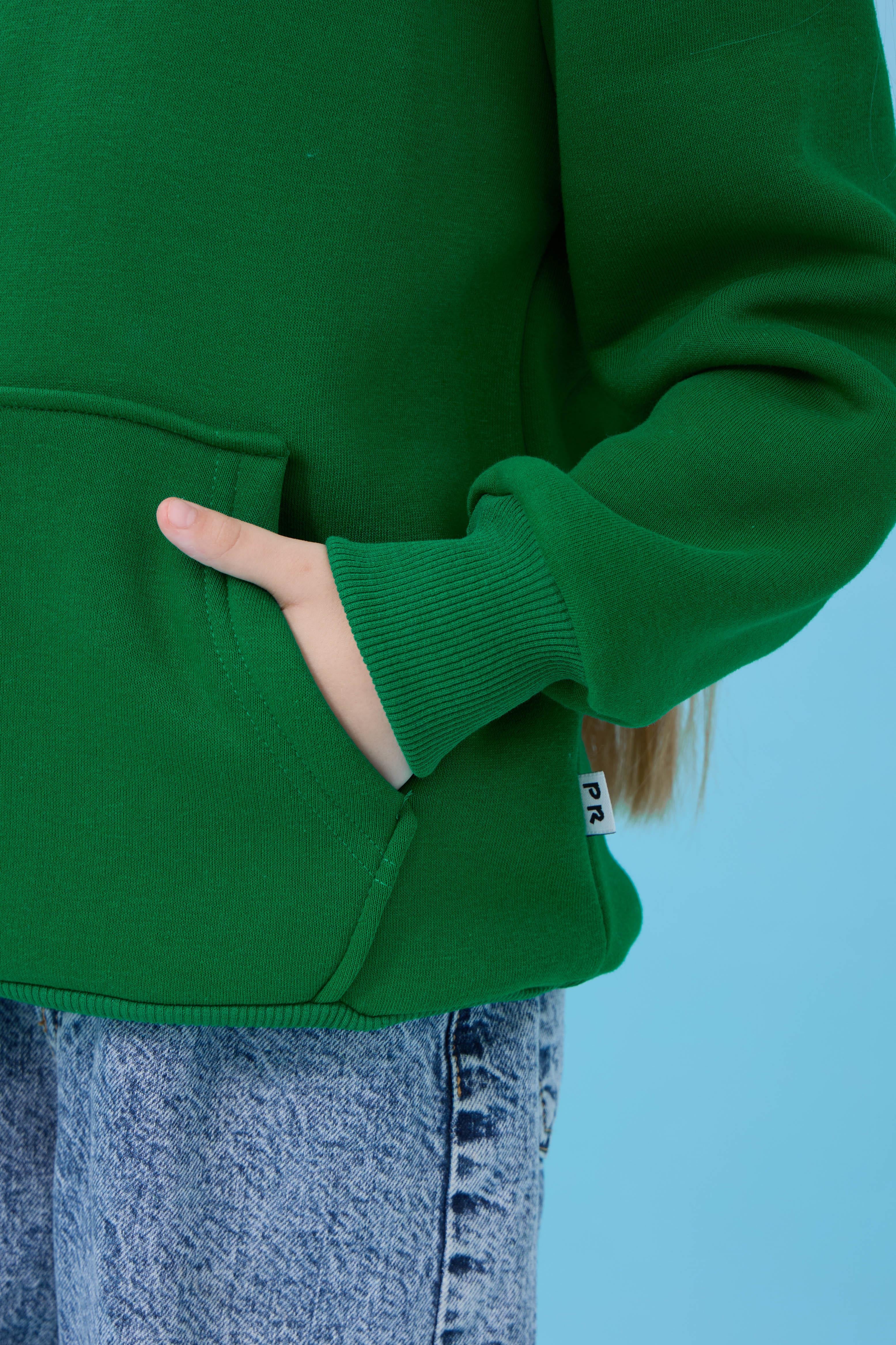 Unisex Kapüşonlu Kanguru Cepli Şardonlu Kışlık Sweatshirt - Yeşil