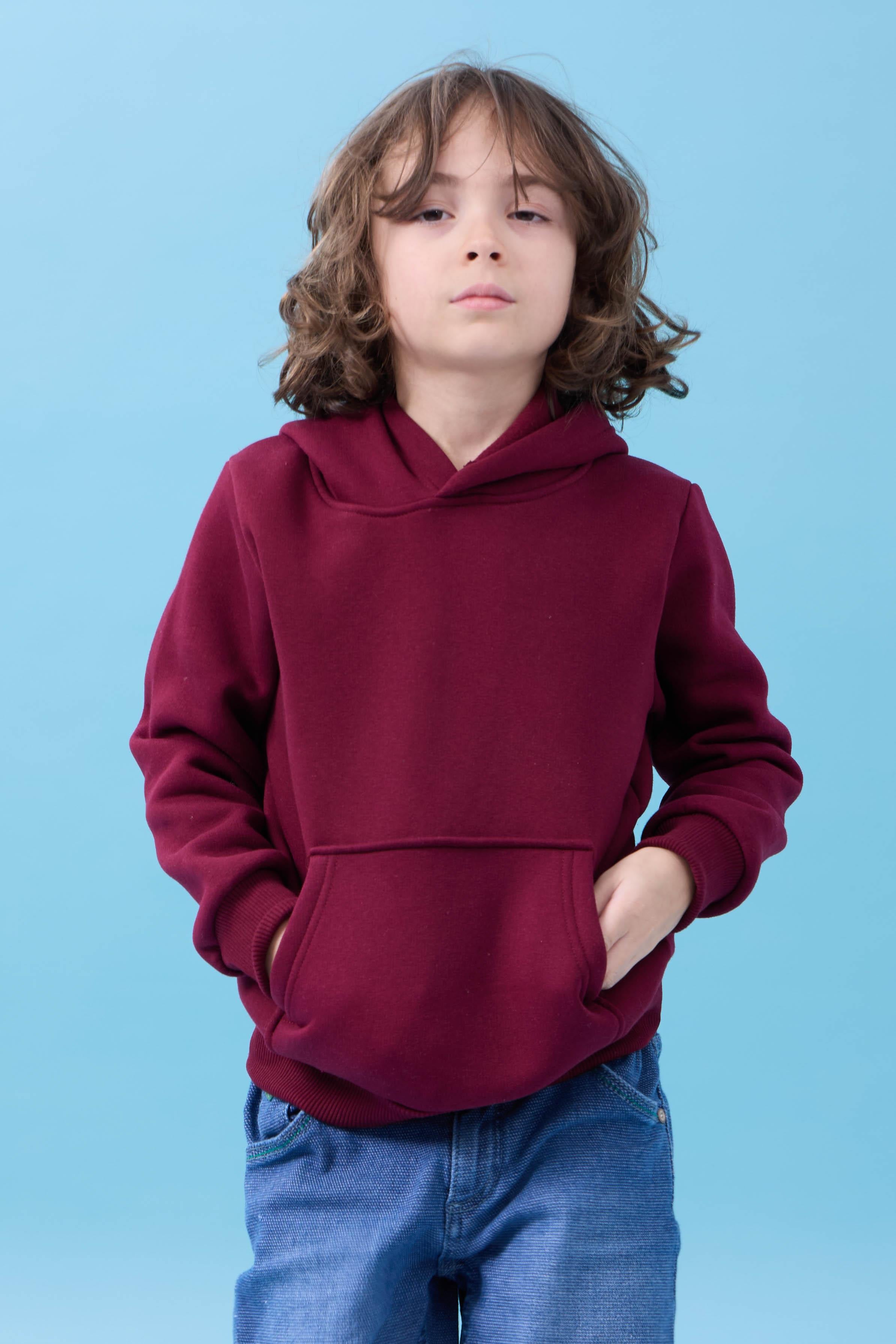 Unisex Kapüşonlu Kanguru Cepli Şardonlu Kışlık Sweatshirt - Bordo