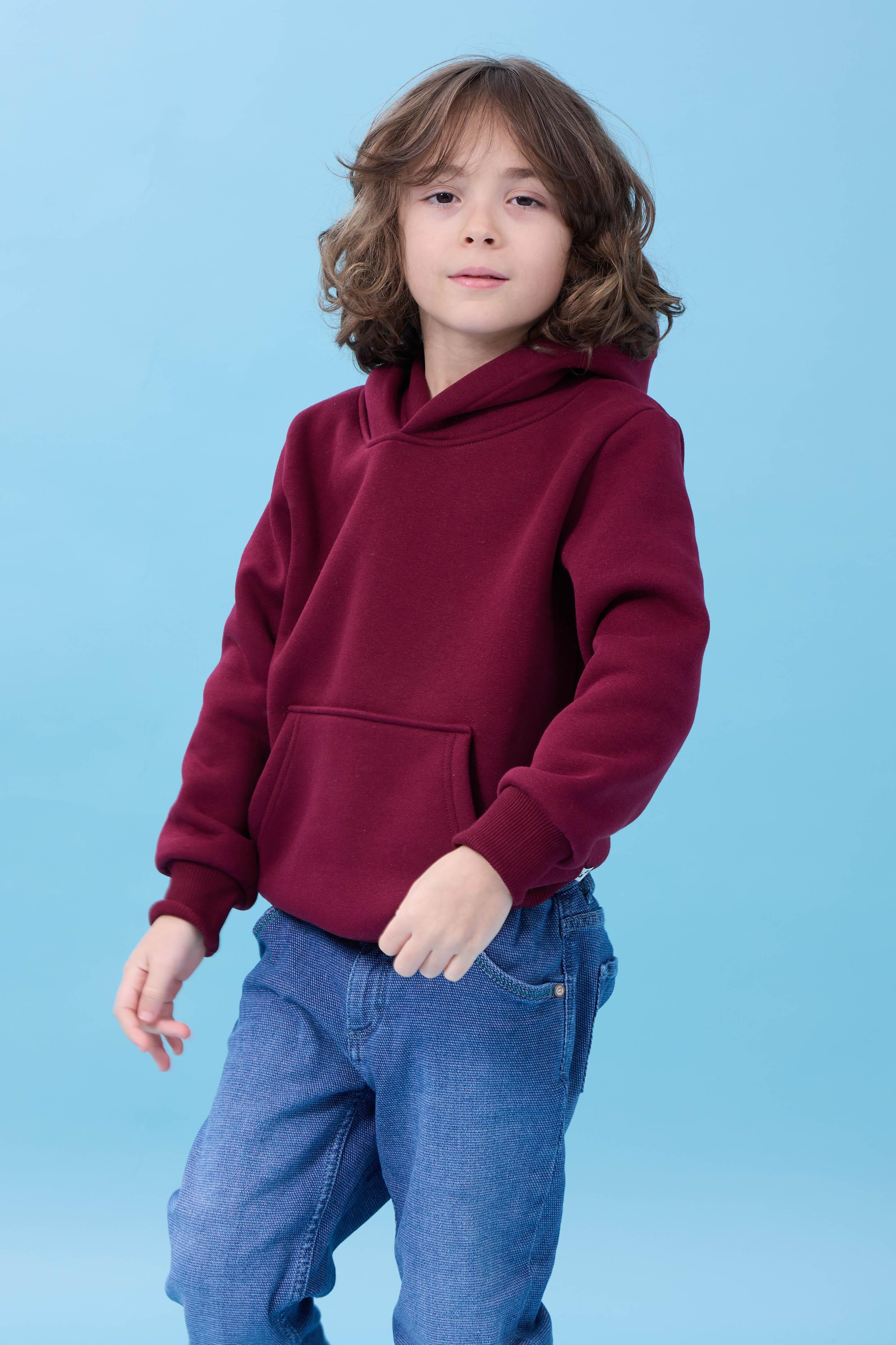 Unisex Kapüşonlu Kanguru Cepli Şardonlu Kışlık Sweatshirt - Bordo
