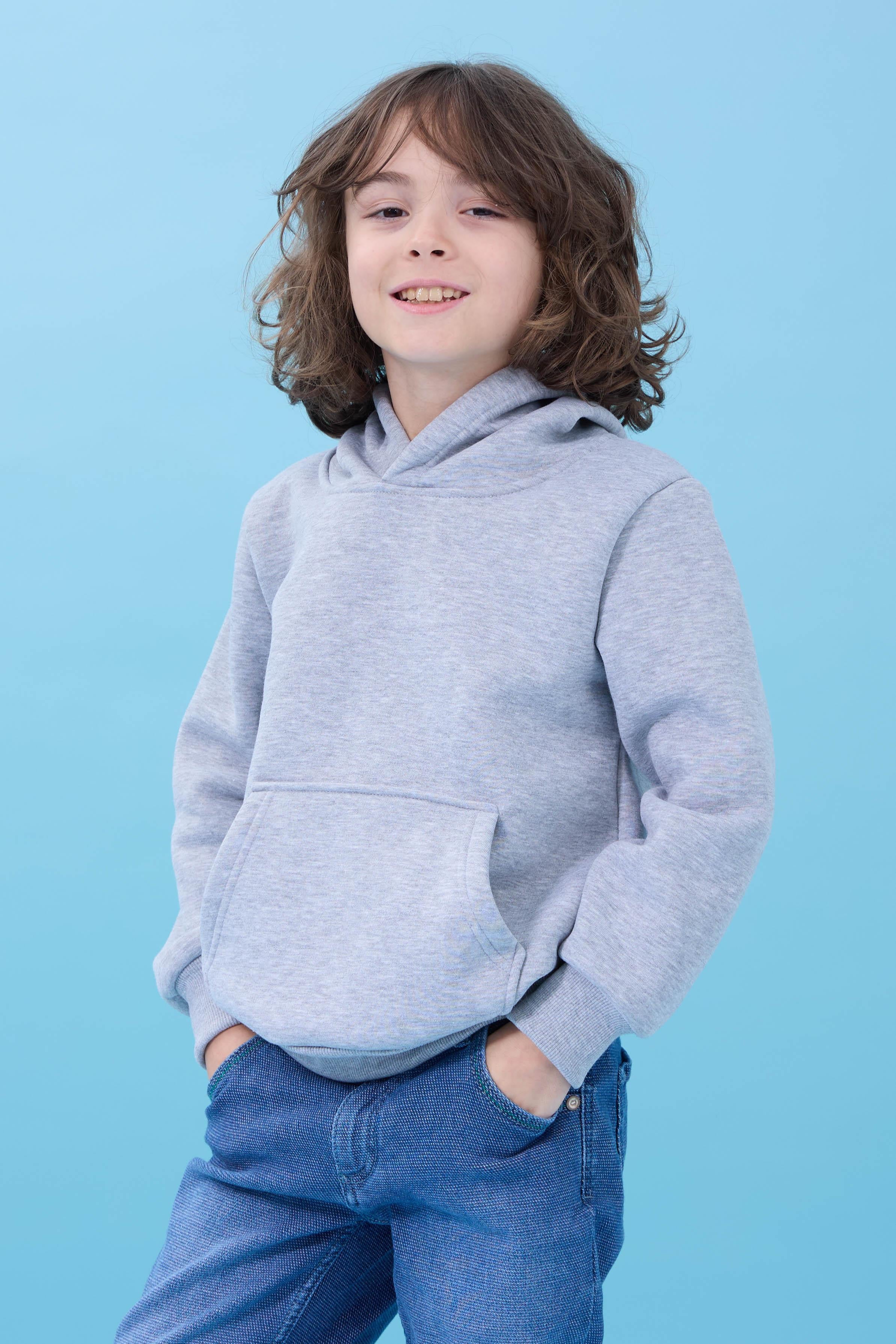 Unisex Kapüşonlu Kanguru Cepli Şardonlu Kışlık Sweatshirt - Gri