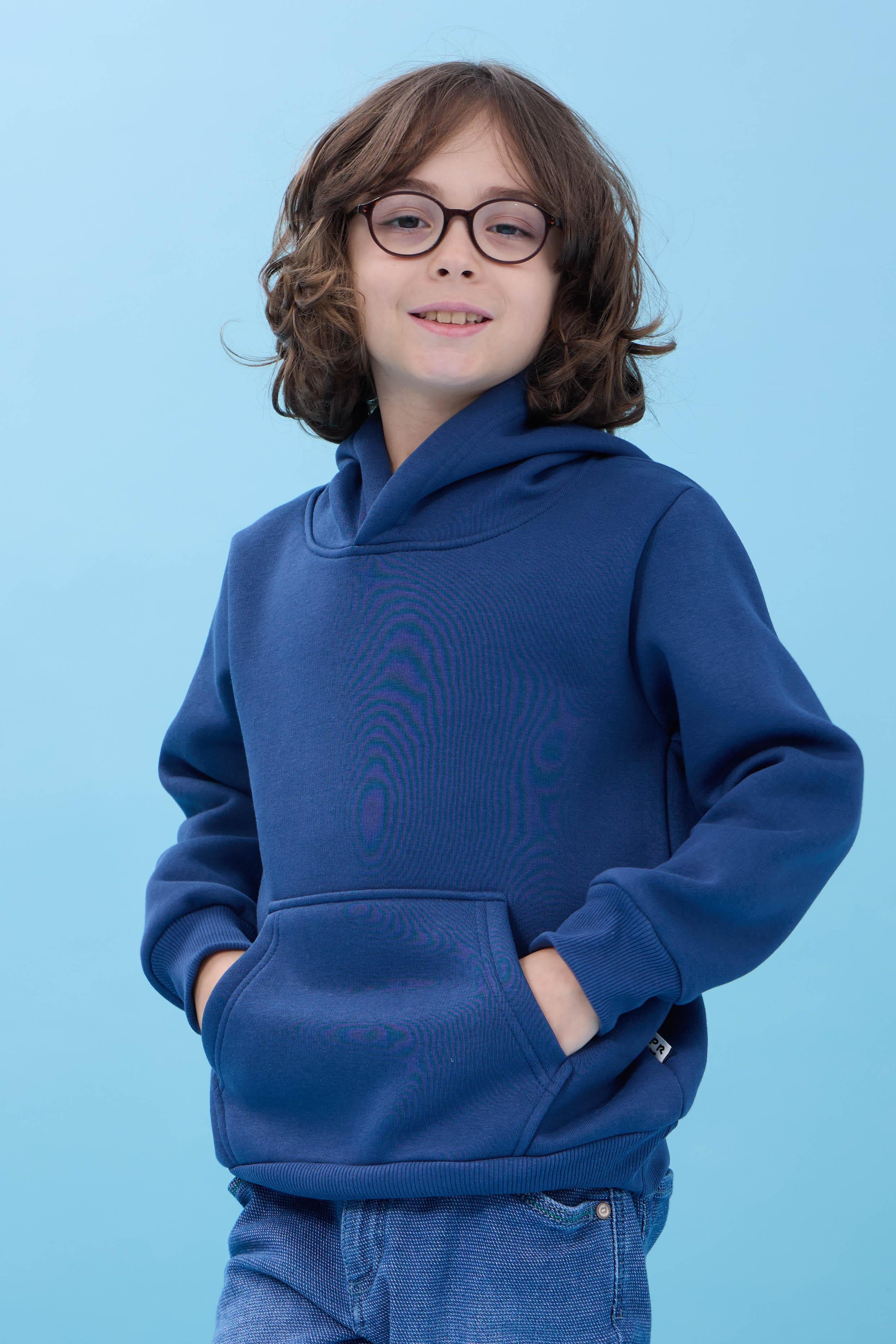 Unisex Kapüşonlu Kanguru Cepli Şardonlu Kışlık Sweatshirt - İndigo