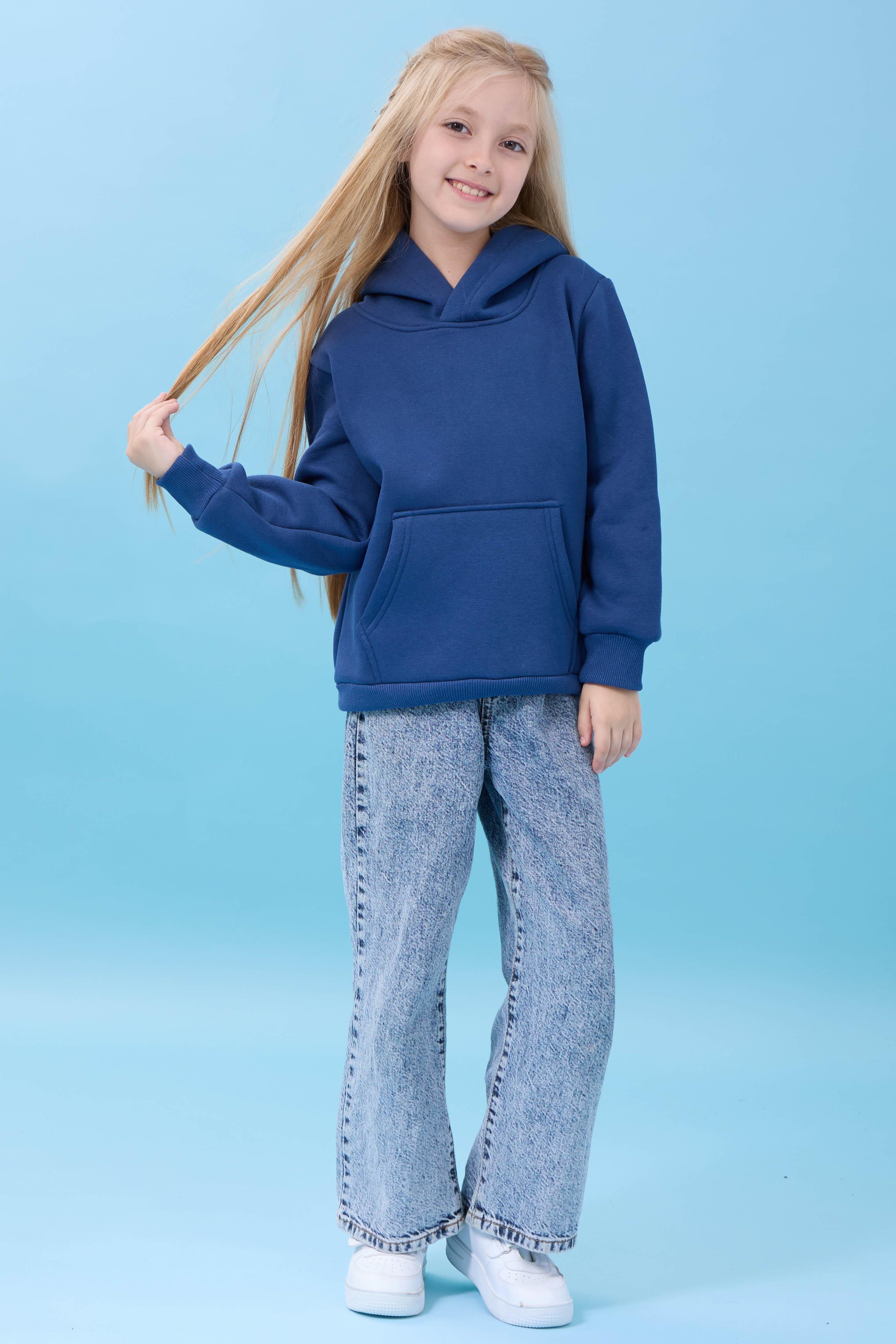 Unisex Kapüşonlu Kanguru Cepli Şardonlu Kışlık Sweatshirt - İndigo