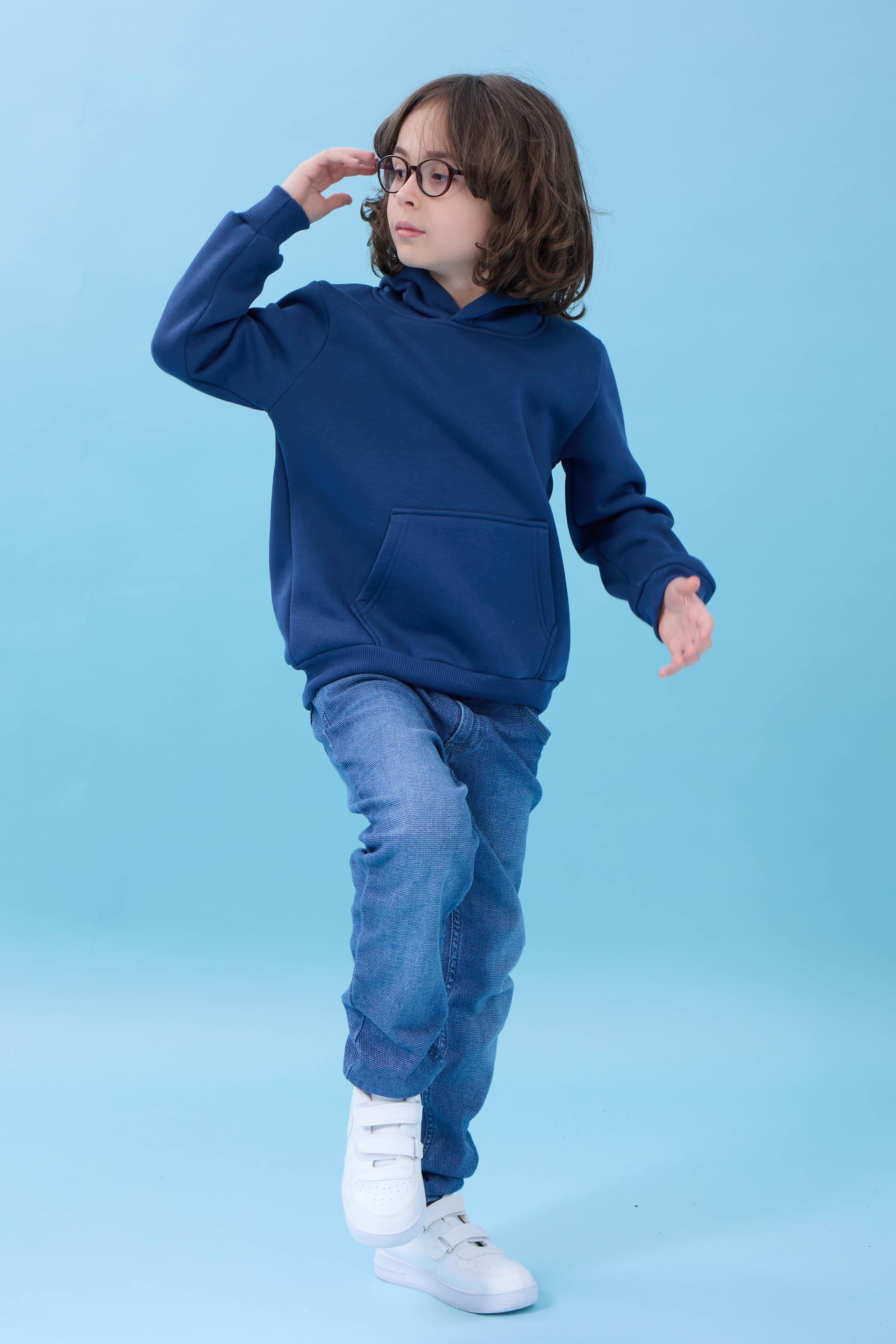 Unisex Kapüşonlu Kanguru Cepli Şardonlu Kışlık Sweatshirt - İndigo