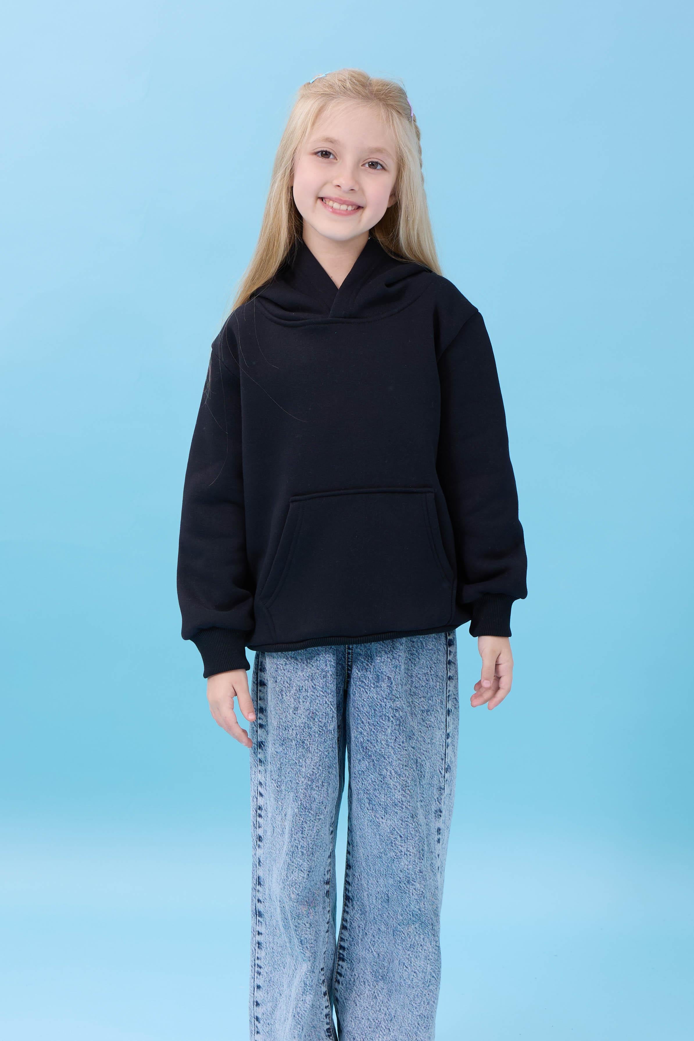 Unisex Kapüşonlu Kanguru Cepli Şardonlu Kışlık Sweatshirt - Siyah