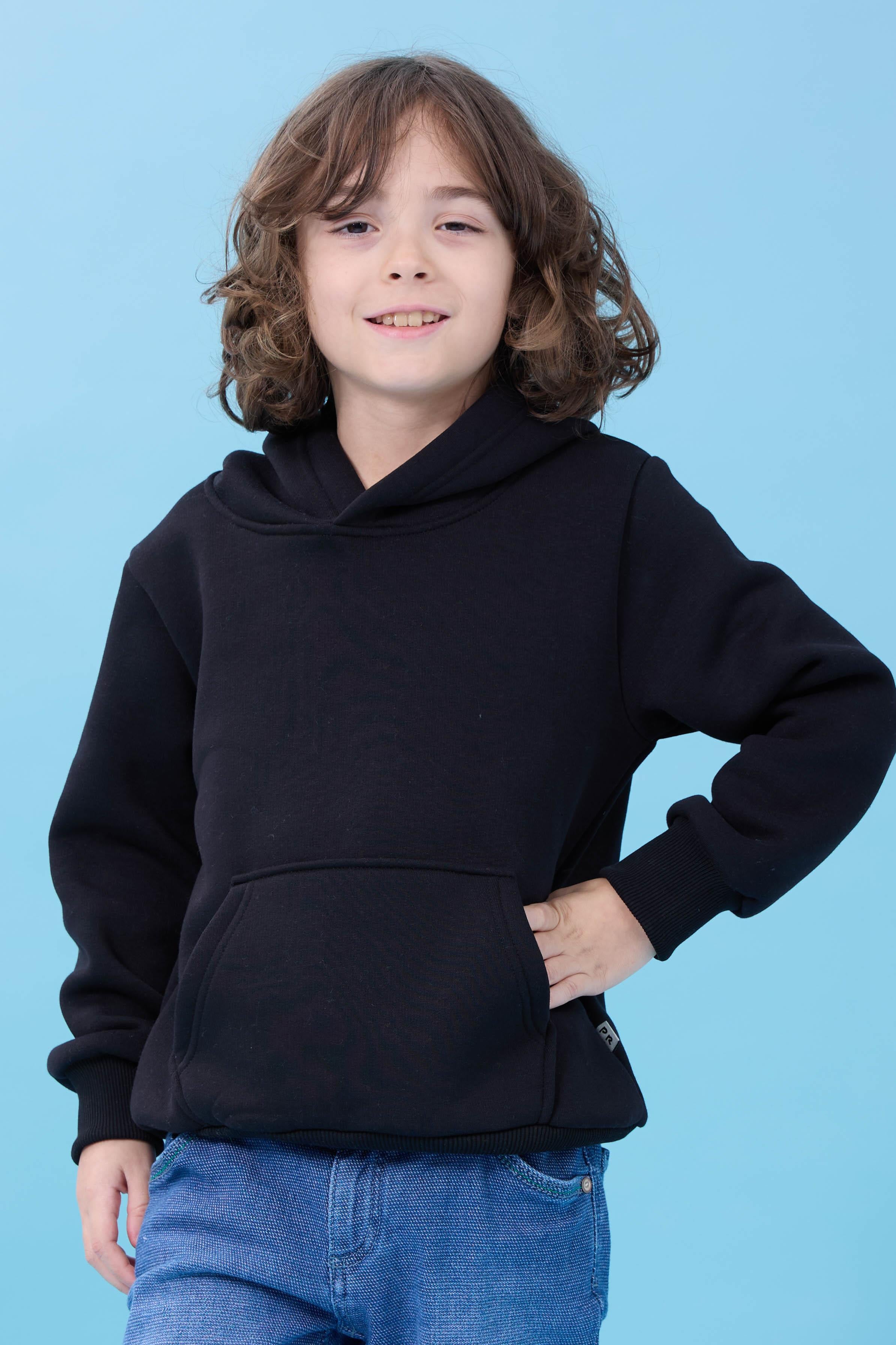 Unisex Kapüşonlu Kanguru Cepli Şardonlu Kışlık Sweatshirt - Siyah