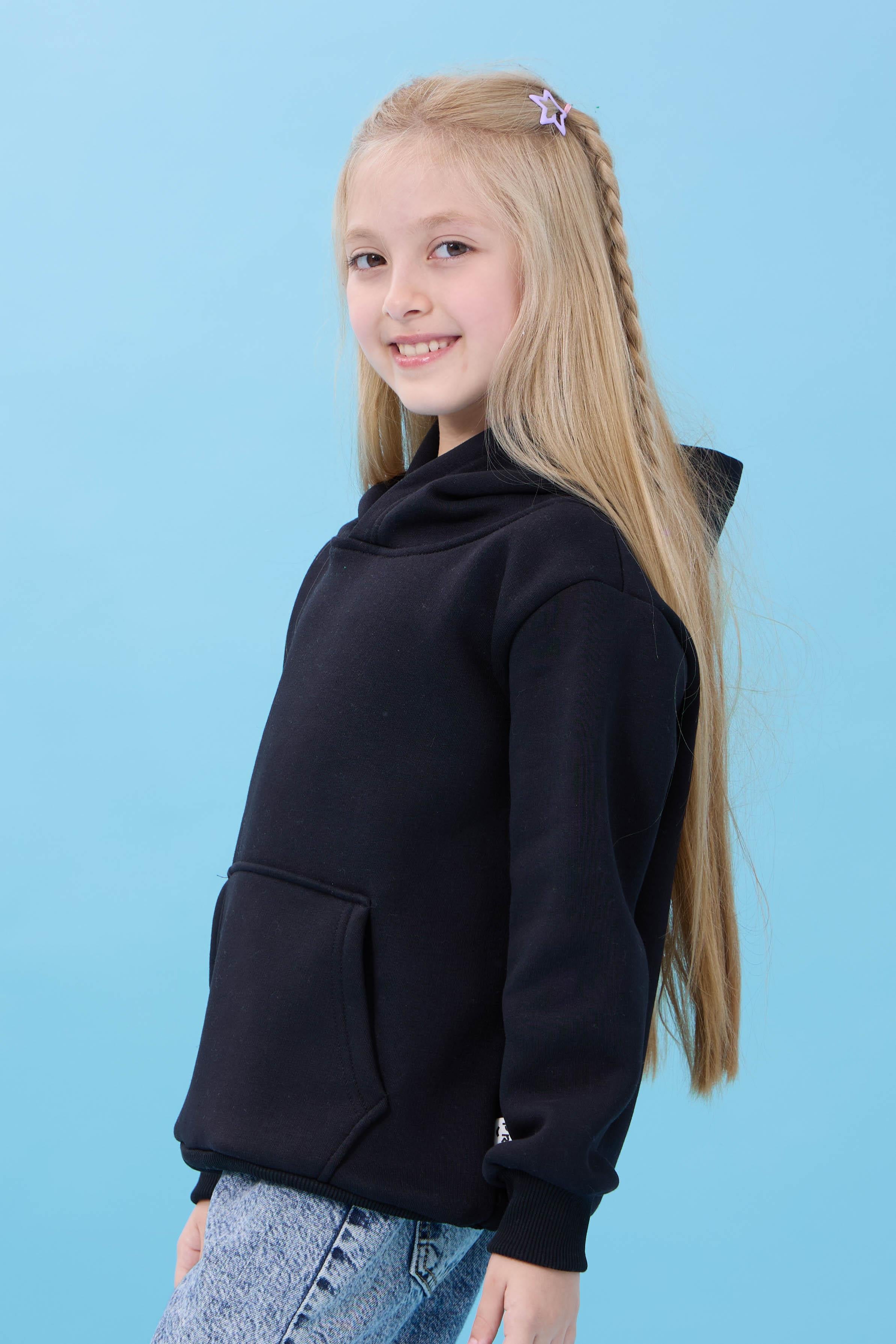 Unisex Kapüşonlu Kanguru Cepli Şardonlu Kışlık Sweatshirt - Siyah