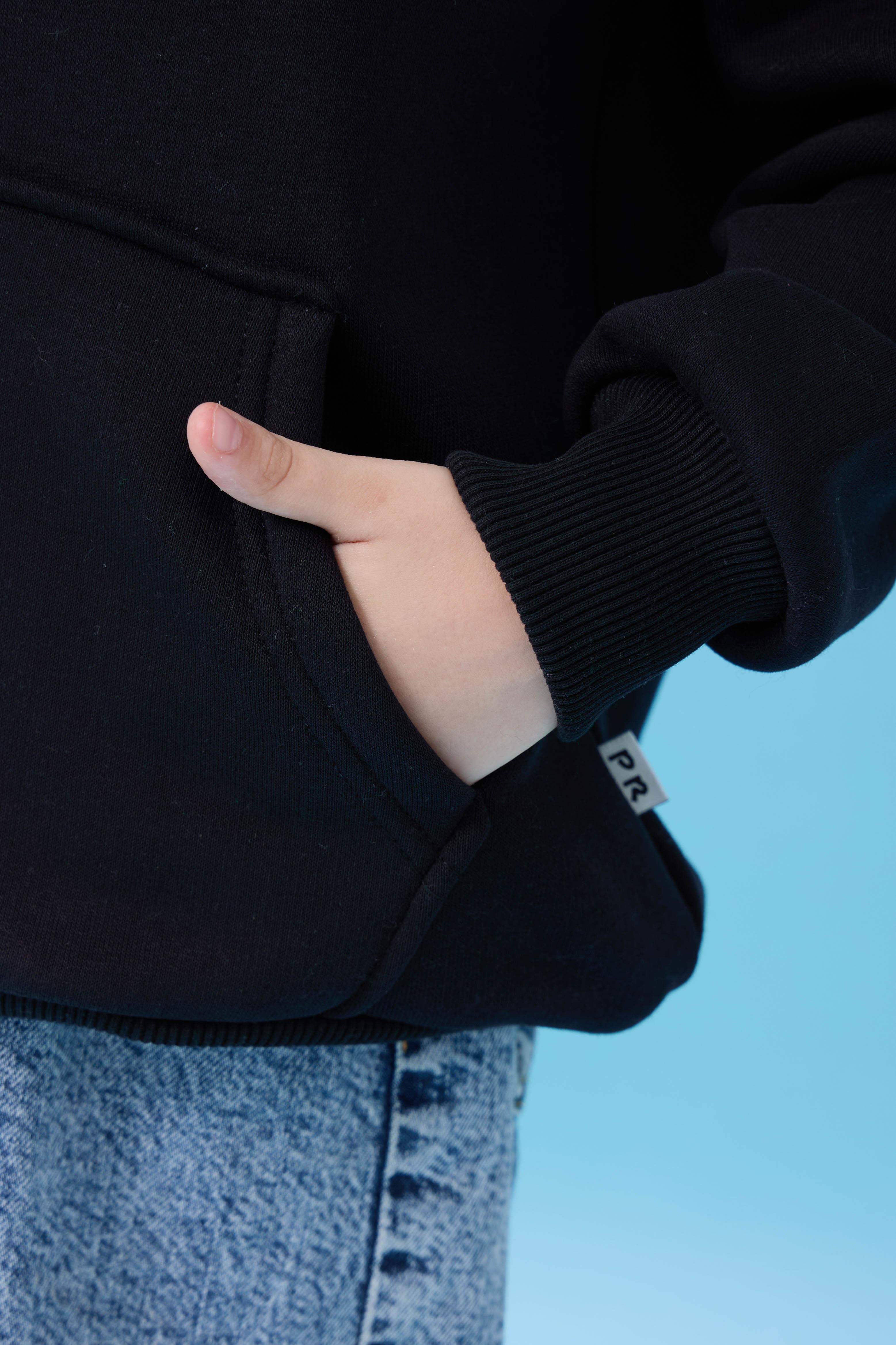 Unisex Kapüşonlu Kanguru Cepli Şardonlu Kışlık Sweatshirt - Siyah