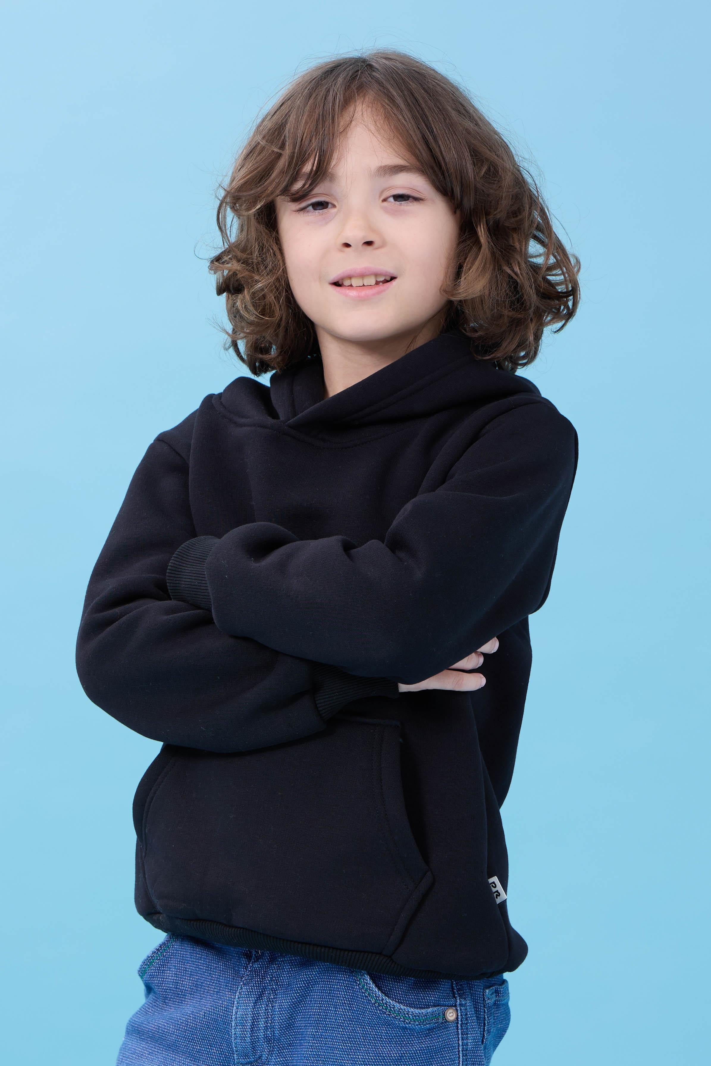 Unisex Kapüşonlu Kanguru Cepli Şardonlu Kışlık Sweatshirt - Siyah