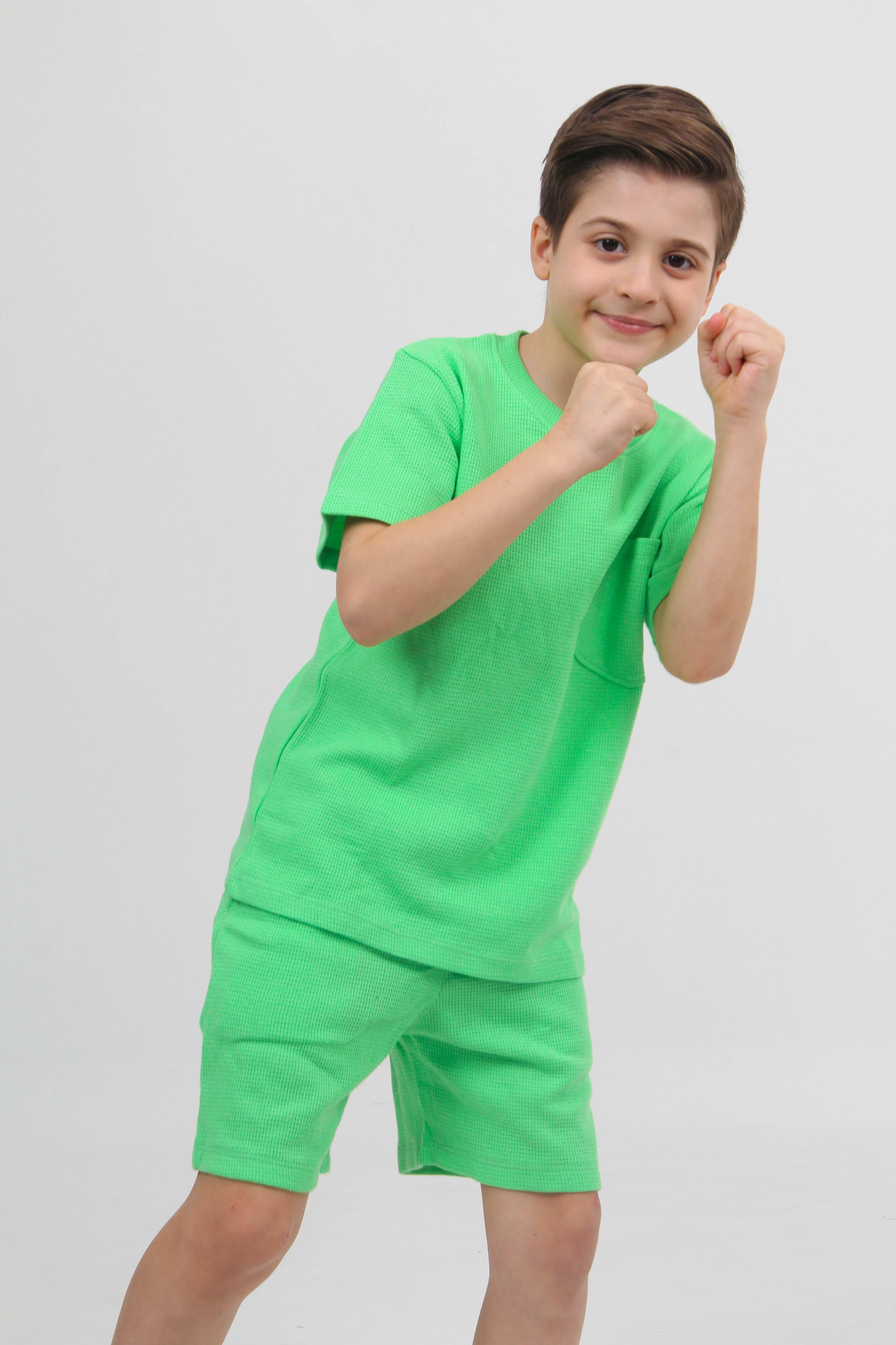 Waffle Dokulu Cepli Tshirt ve Şort Erkek Çocuk Takım