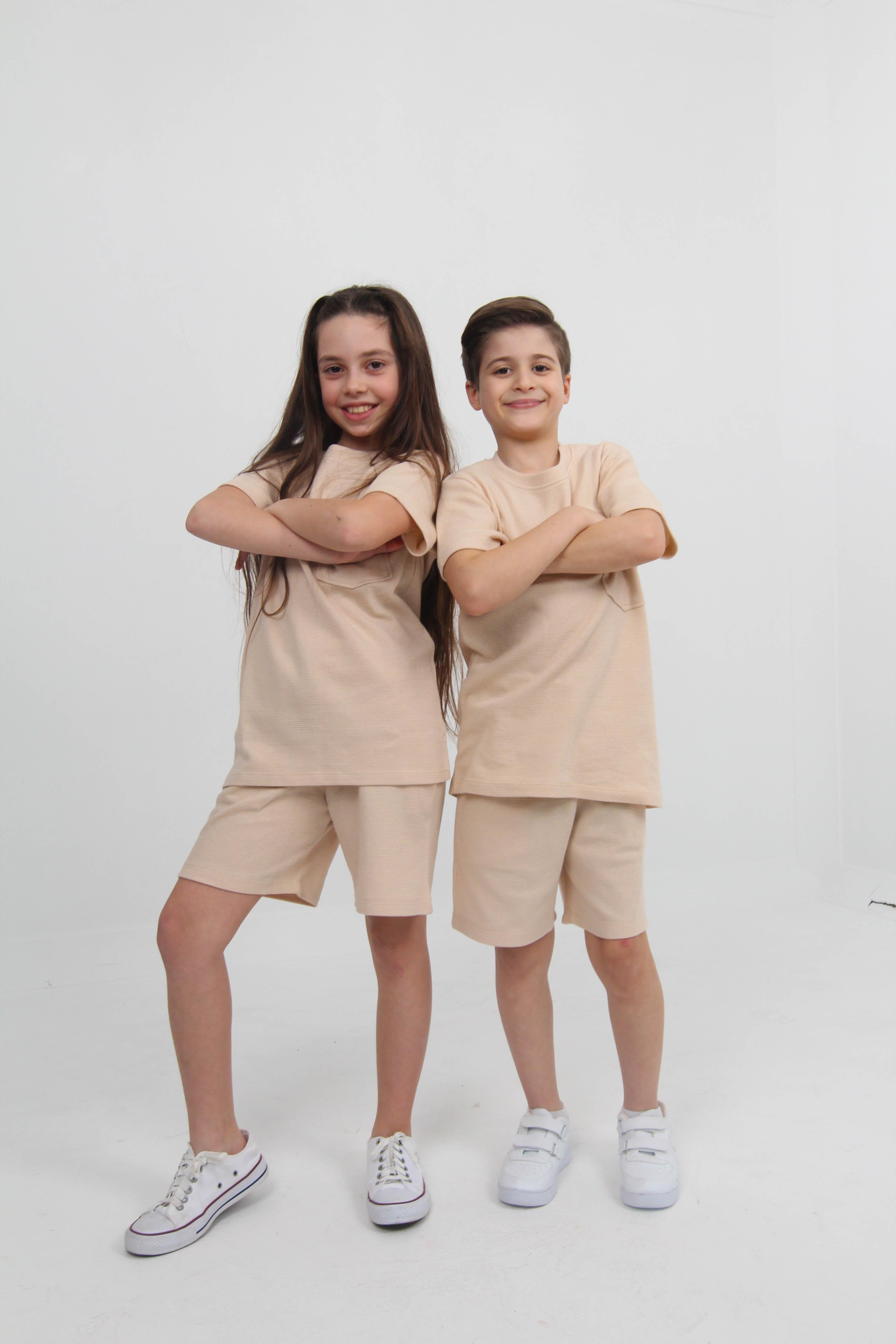 Waffle Dokulu Cepli Tshirt ve Şort Erkek Çocuk Takım