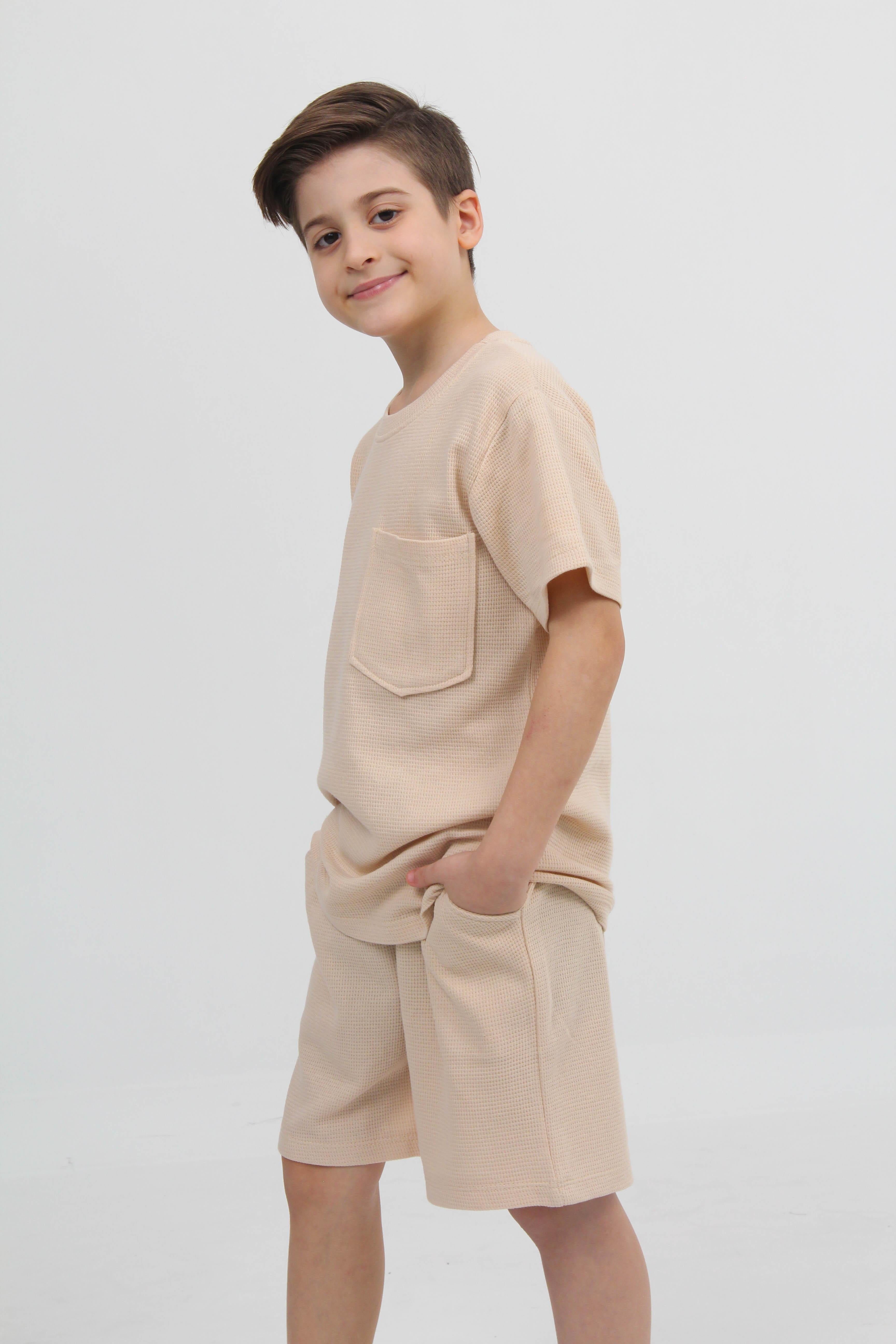 Waffle Dokulu Cepli Tshirt ve Şort Erkek Çocuk Takım