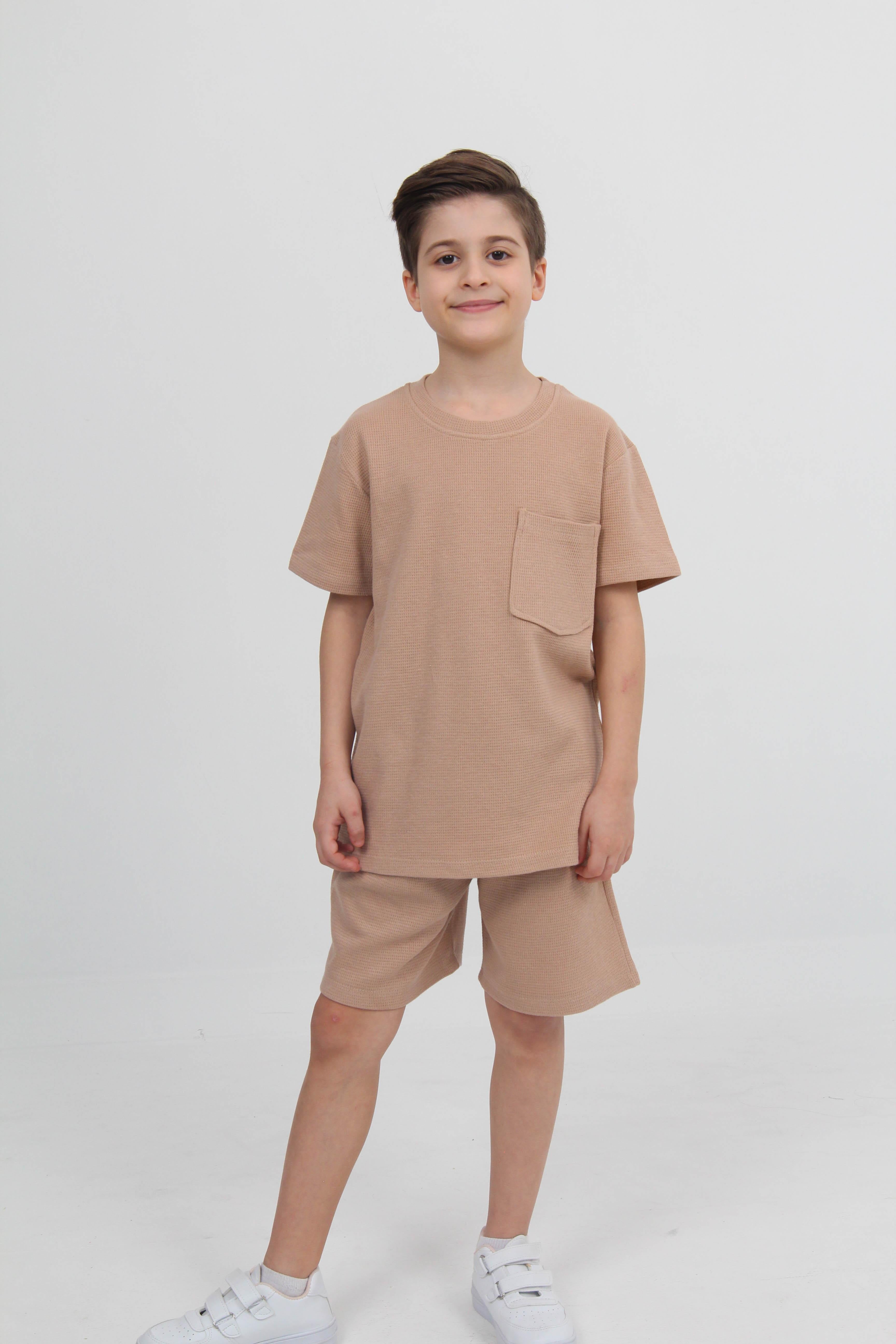 Waffle Dokulu Cepli Tshirt ve Şort Erkek Çocuk Takım