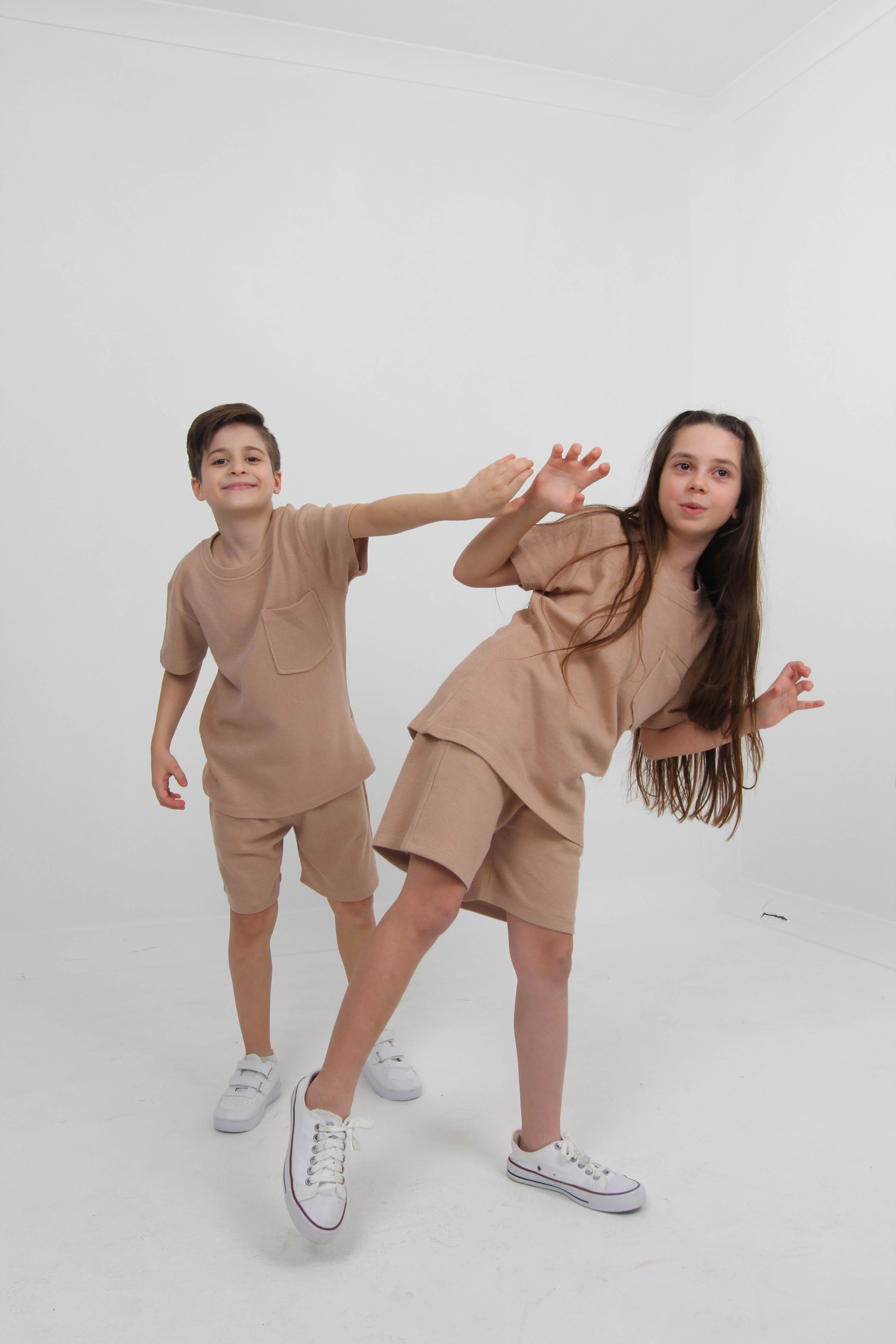 Waffle Dokulu Cepli Tshirt ve Şort Erkek Çocuk Takım