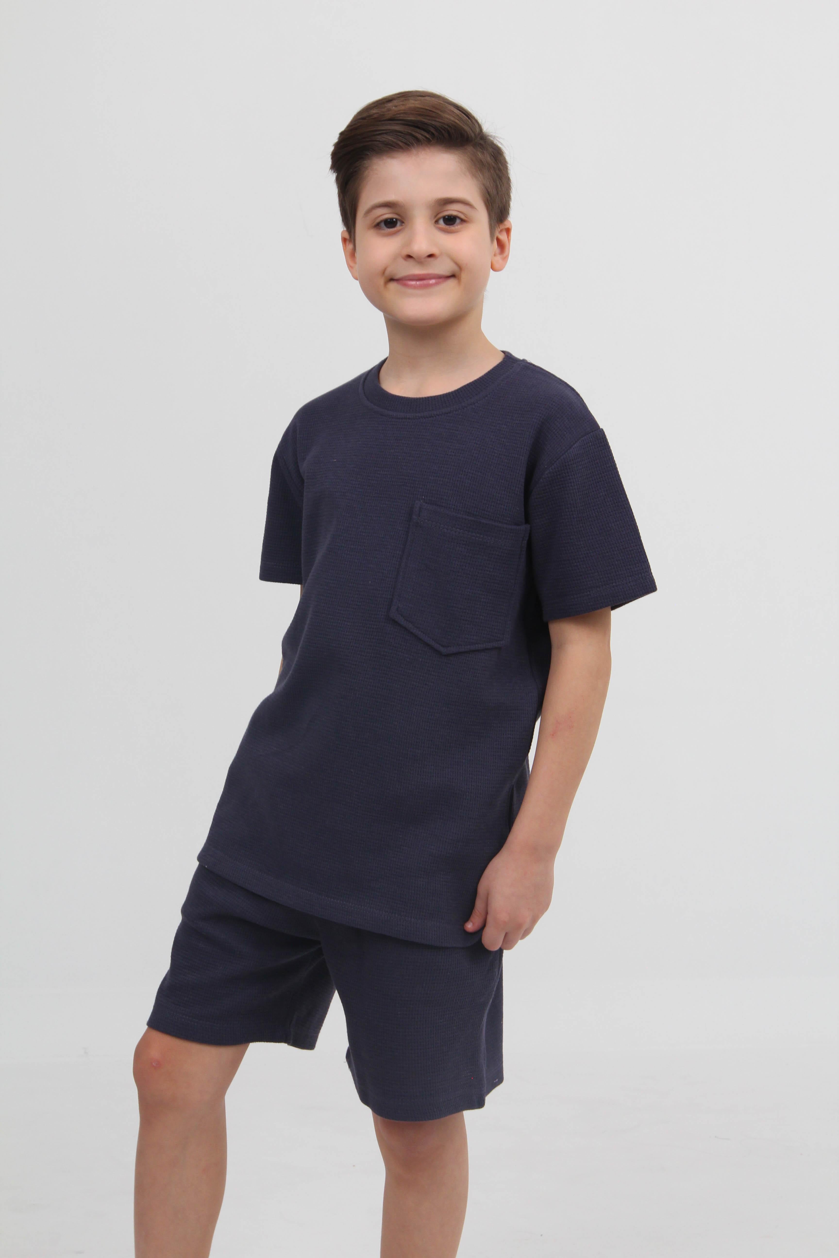 Waffle Dokulu Cepli Tshirt ve Şort Erkek Çocuk Takım