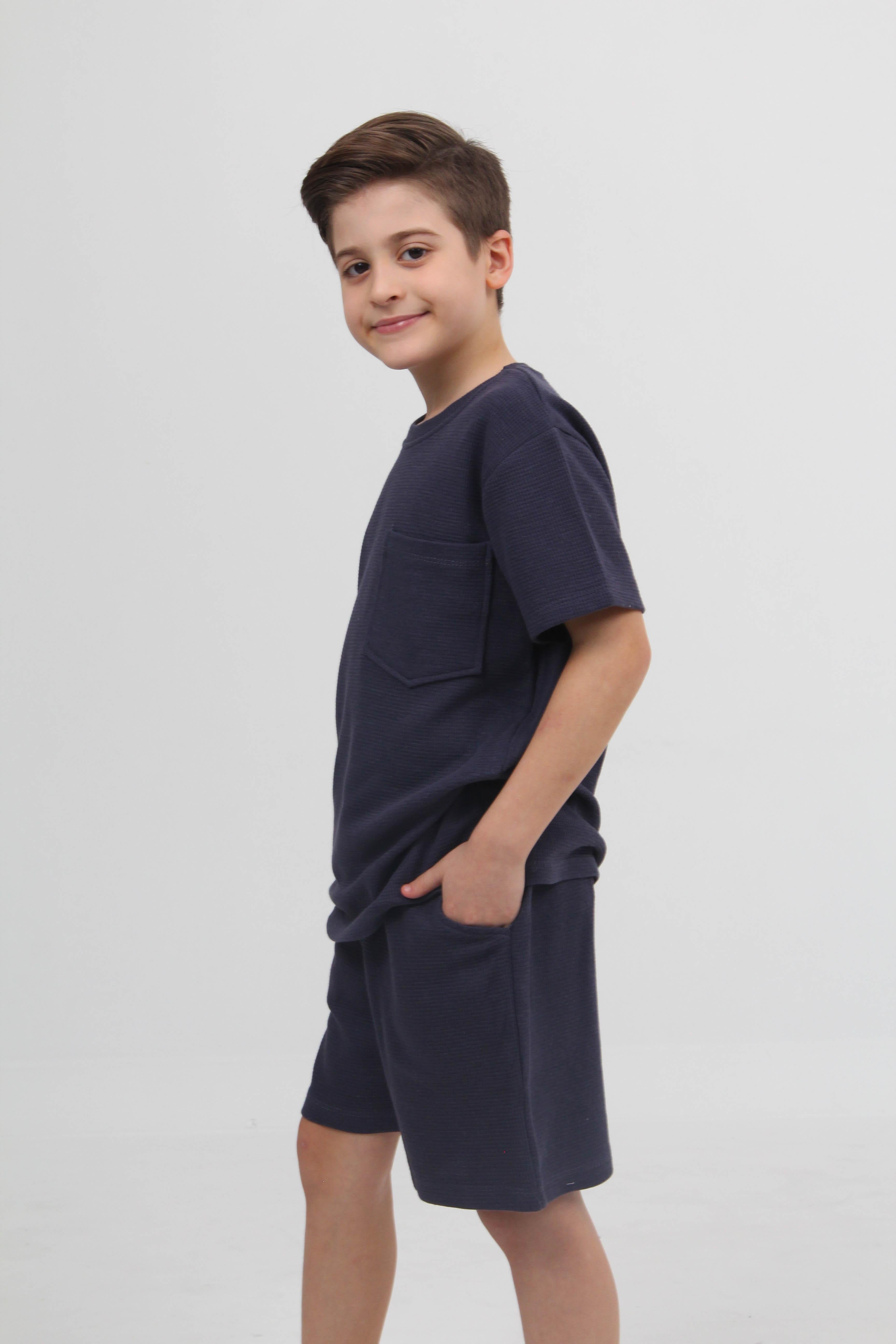 Waffle Dokulu Cepli Tshirt ve Şort Erkek Çocuk Takım