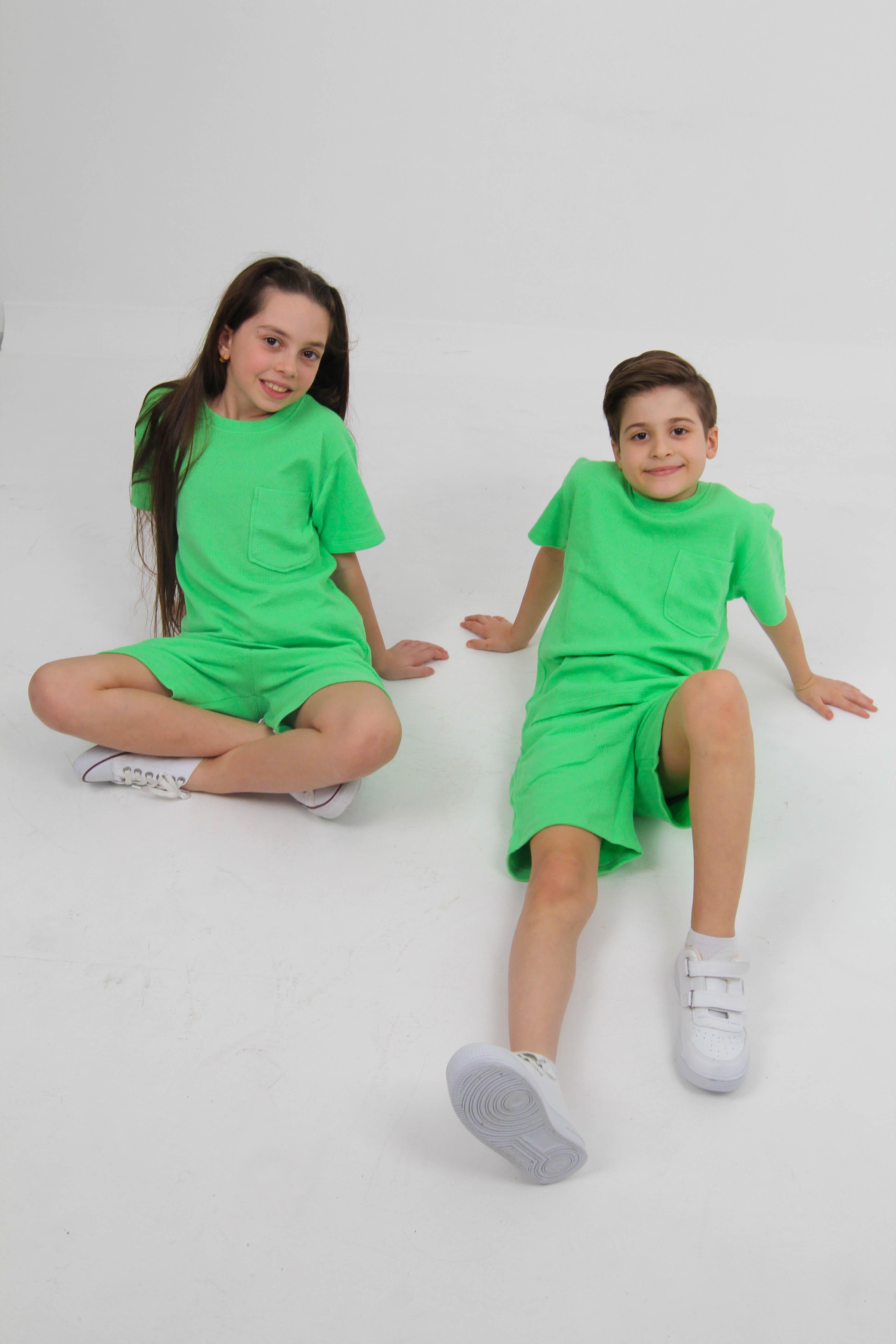 Waffle Dokulu Cepli Tshirt ve Şort Erkek Çocuk Takım Yeşil - Perendi