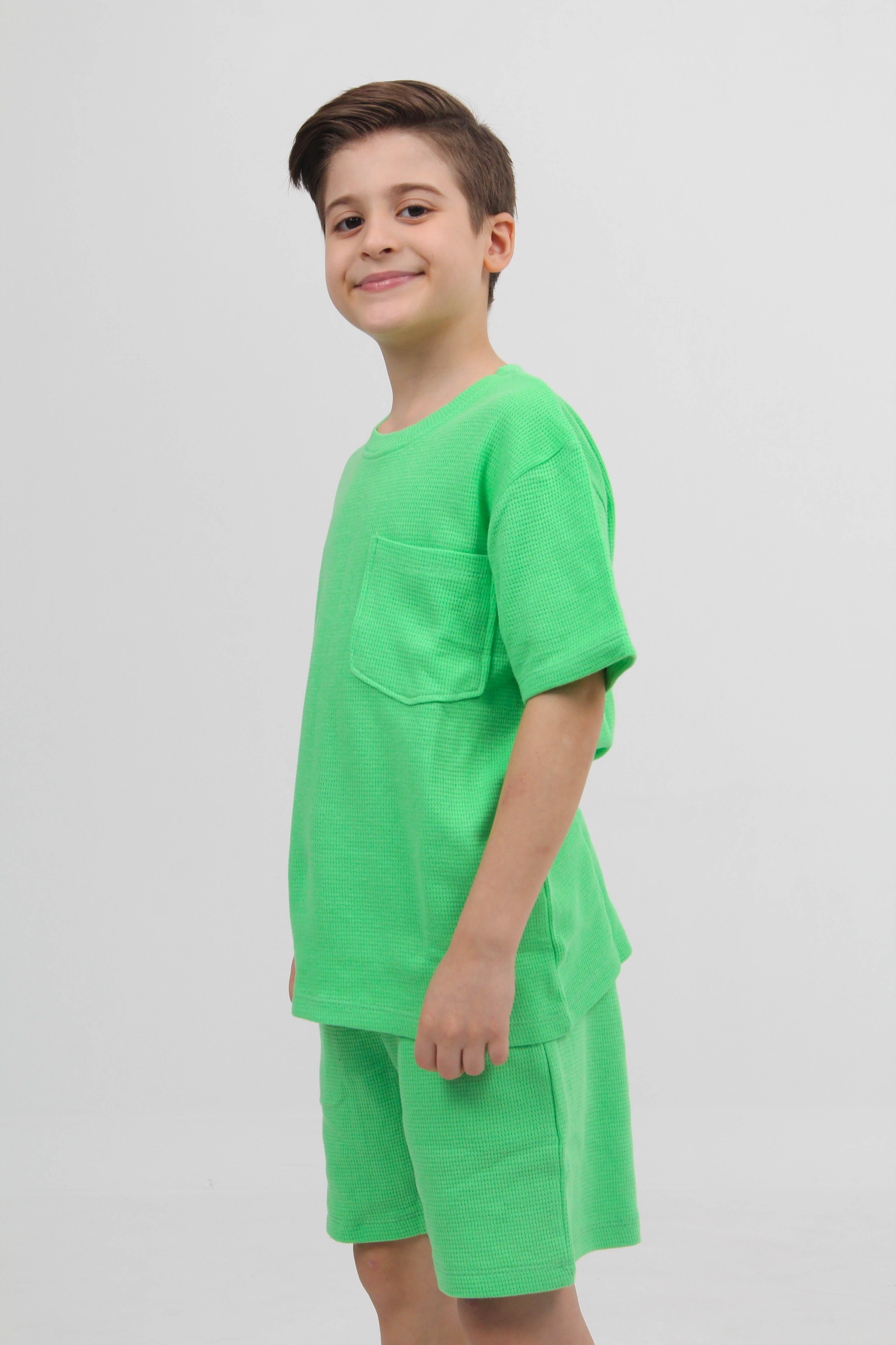 Waffle Dokulu Cepli Tshirt ve Şort Erkek Çocuk Takım Yeşil - Perendi