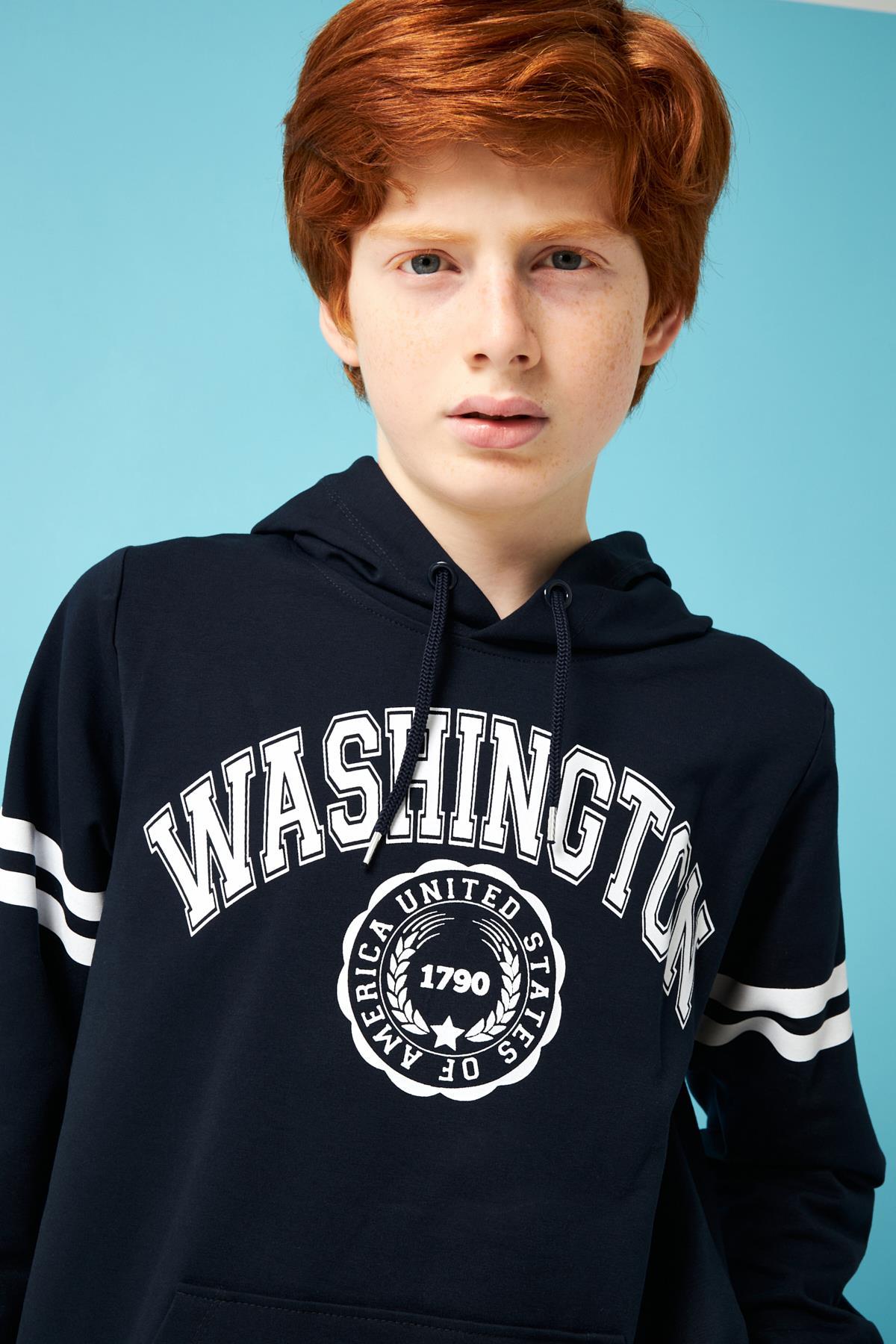 Washington Baskılı Kapüşonlu Erkek Çocuk Sweatshirt