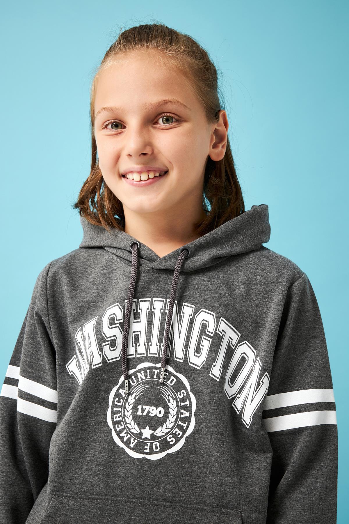 Washington Baskılı Kapüşonlu Erkek Çocuk Sweatshirt