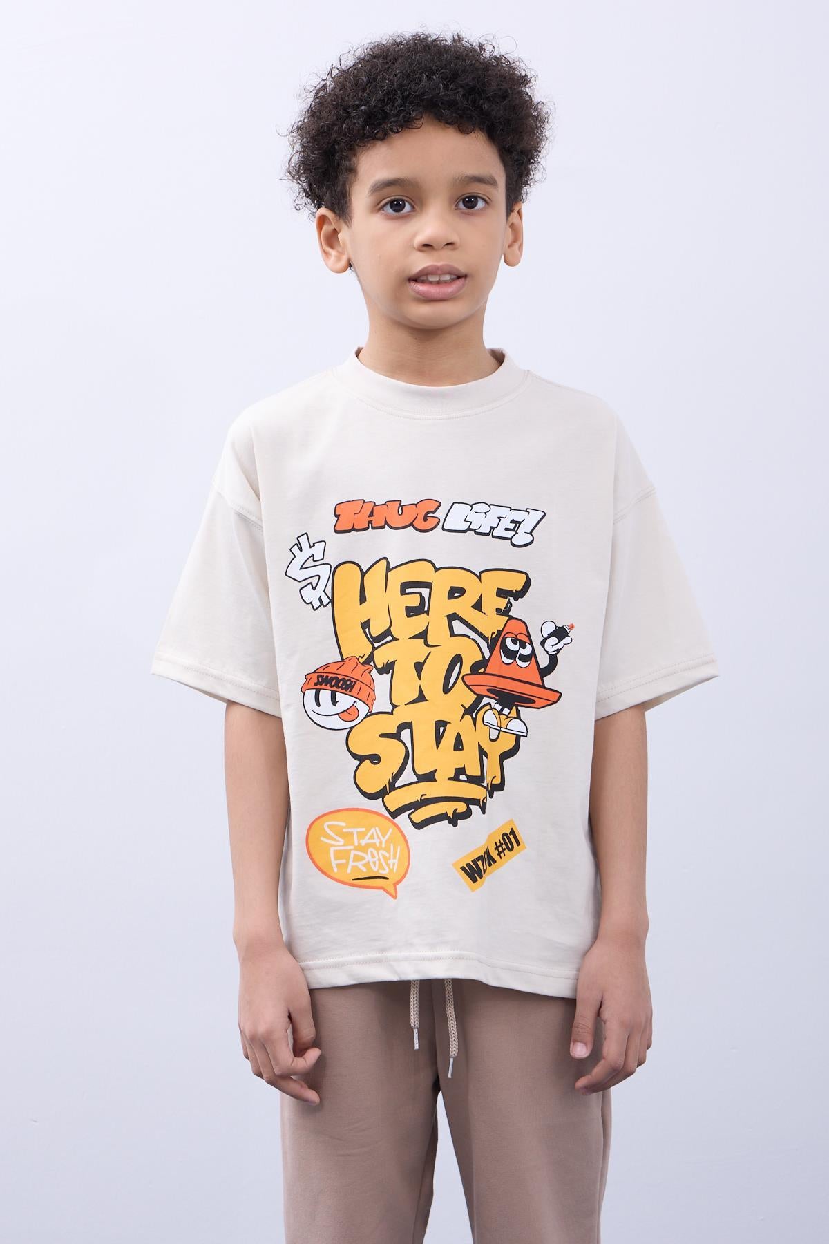 %100 Pamuk İkili Here To Stay Baskılı Tişört İkili Erkek Çocuk Oversize Tişört